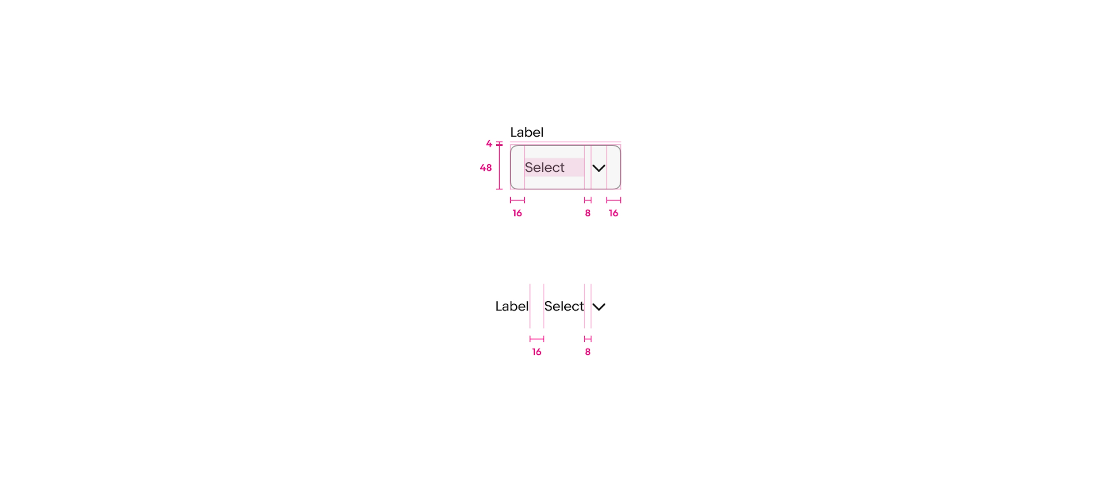 A select list with a container and a borderless select list is shown with specs highlighted. Specs for select list with container: The space between the label and container is 4px, the height of the container is 48px, the padding to the left and right of content inside of the container is 16px, and the padding between the value and the disclosure indicator is 8px.  Specs for borderless select list: Padding between the label and value is 16px, and the padding between the value and disclosure indicator is 8px.