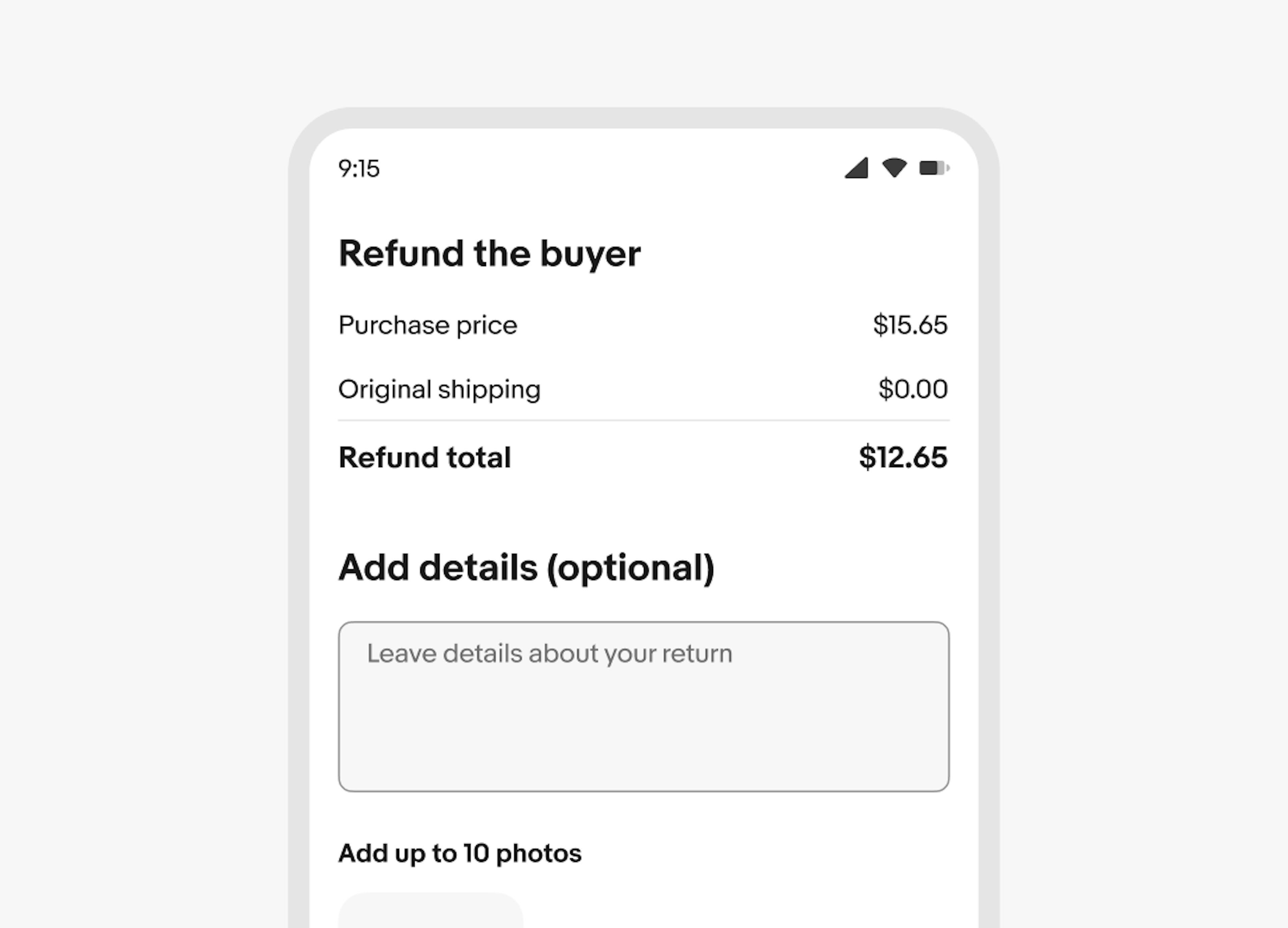 A text area spanning the full width of a Refund screen on the eBay mobile app.