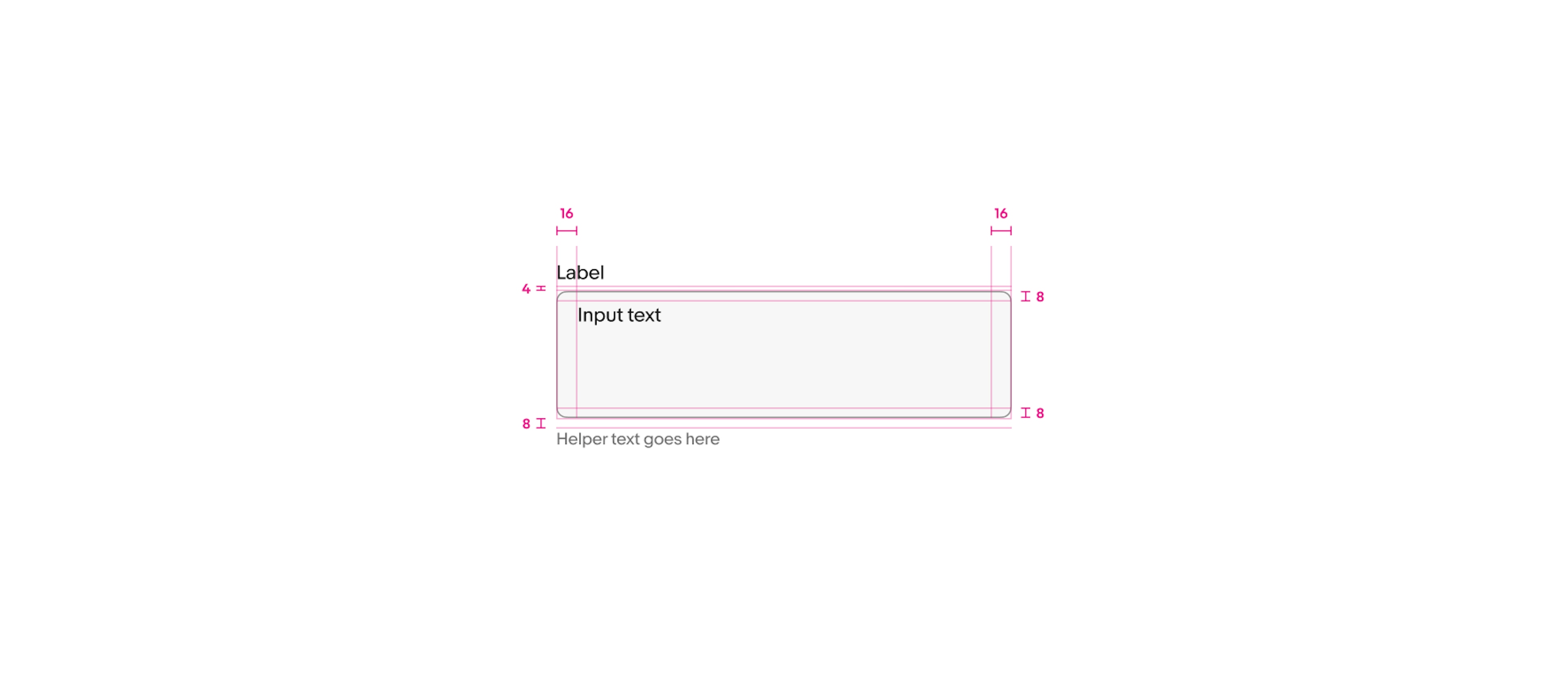 A text area component is shown with specs highlighted. Space between the label and text area is 4px, padding to the left and right of content inside of a text area is 16px, padding of the top and bottom of content inside of a text area is 8px, and space between a text area and helper text is 8px.