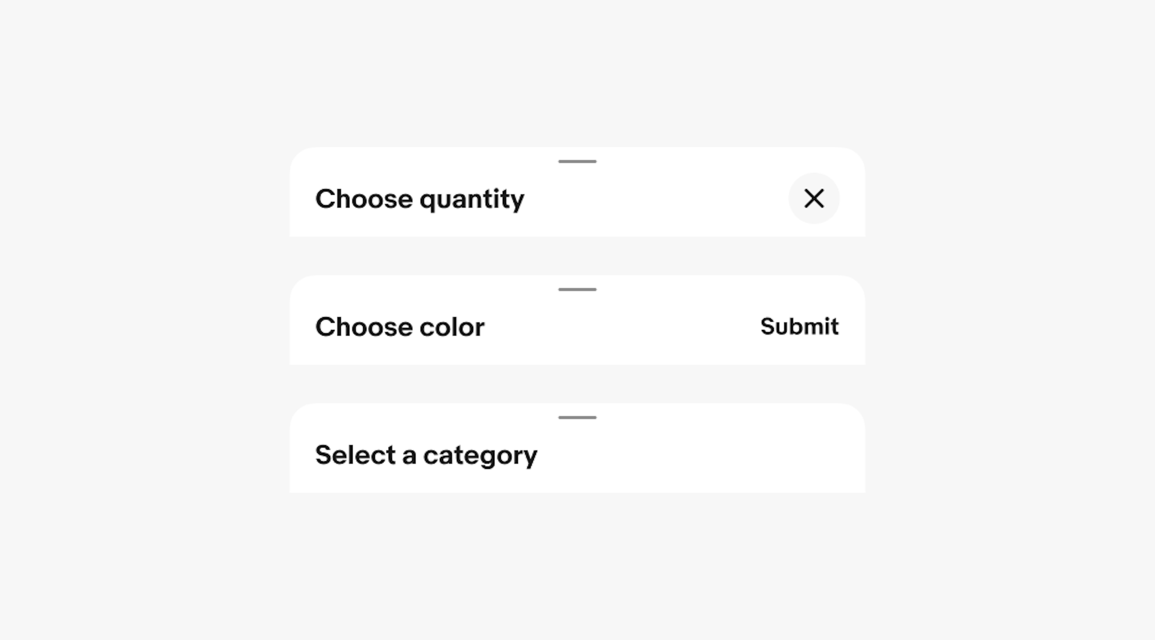 Three examples of header actions stacked. All have titles and the first has a close icon button. The second has a submit text button. The third has no action.