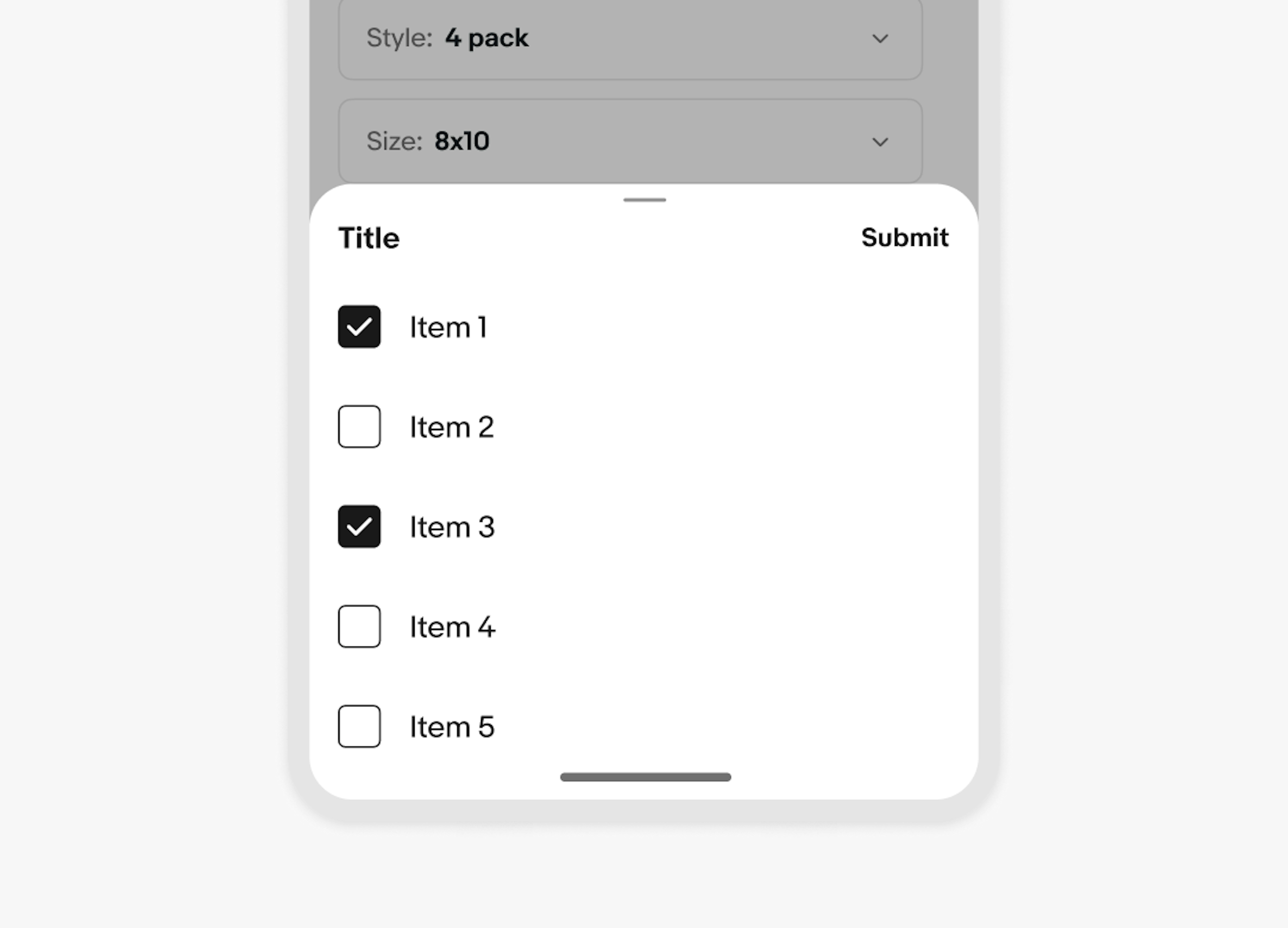 A bottom input sheet with a multi select. Two options are selected and a “Submit” action is in the top right.