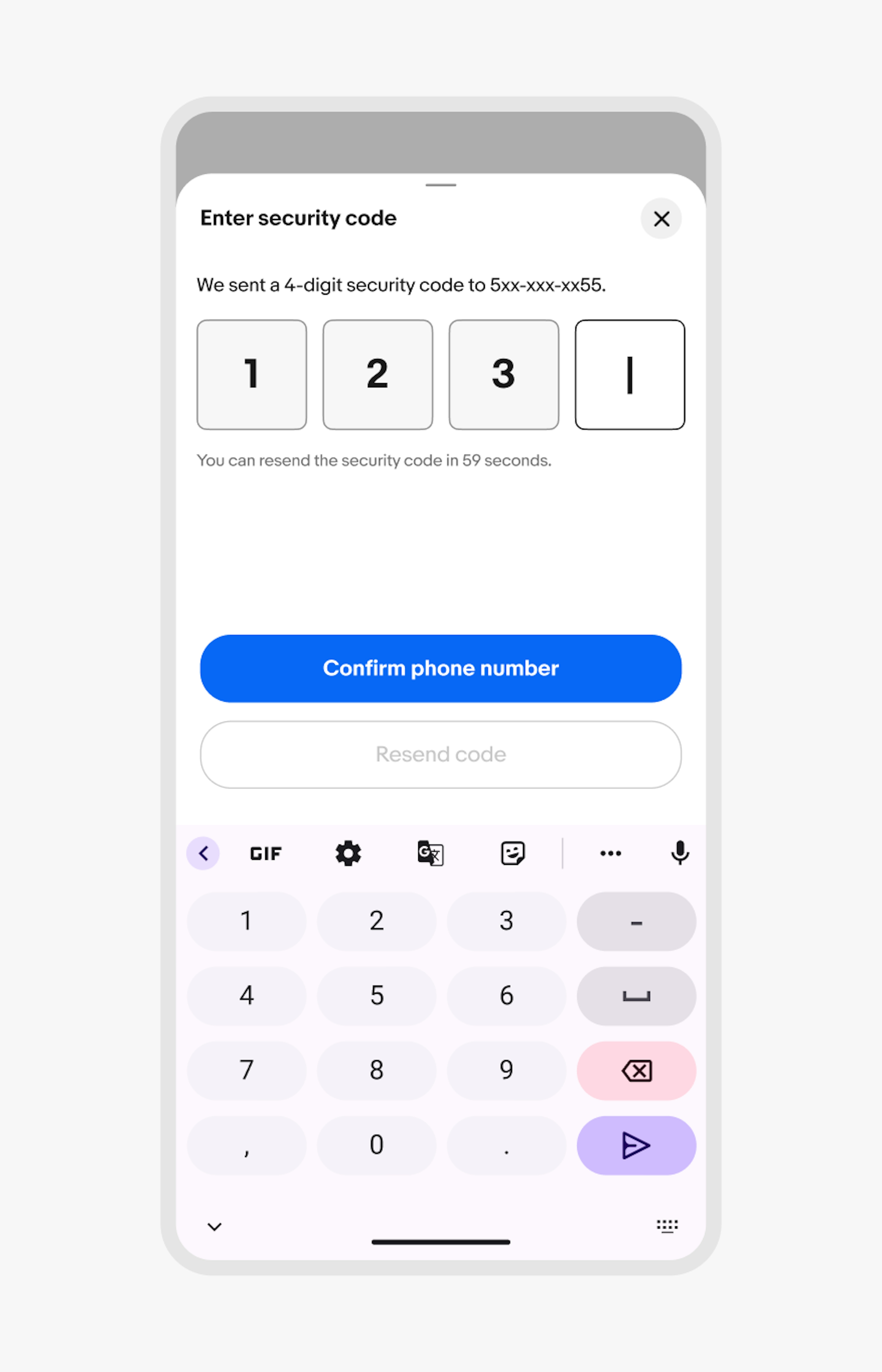 A bottom sheet showcases the Android number keyboard.