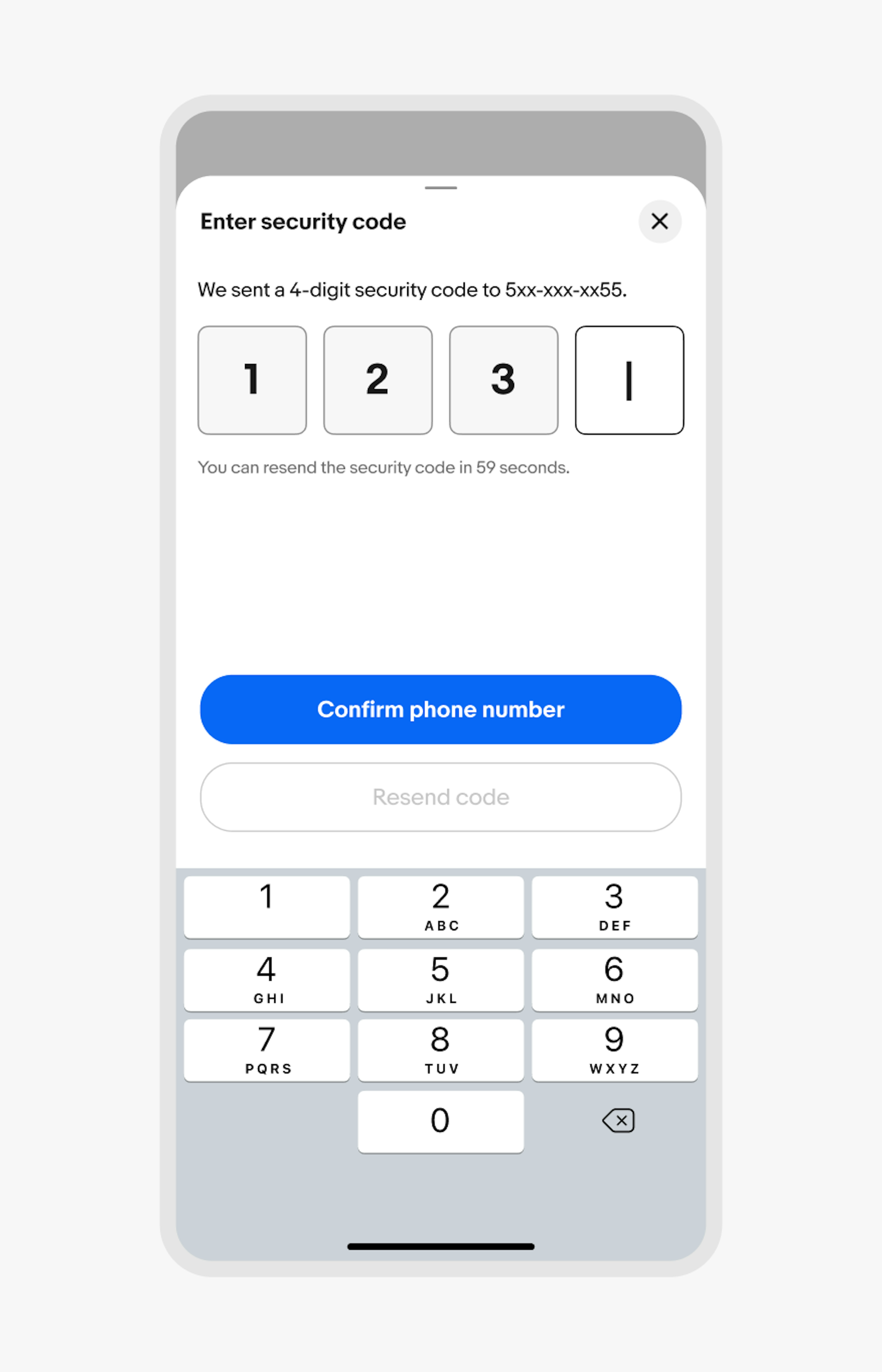 A bottom sheet showcases the iOS number keyboard.