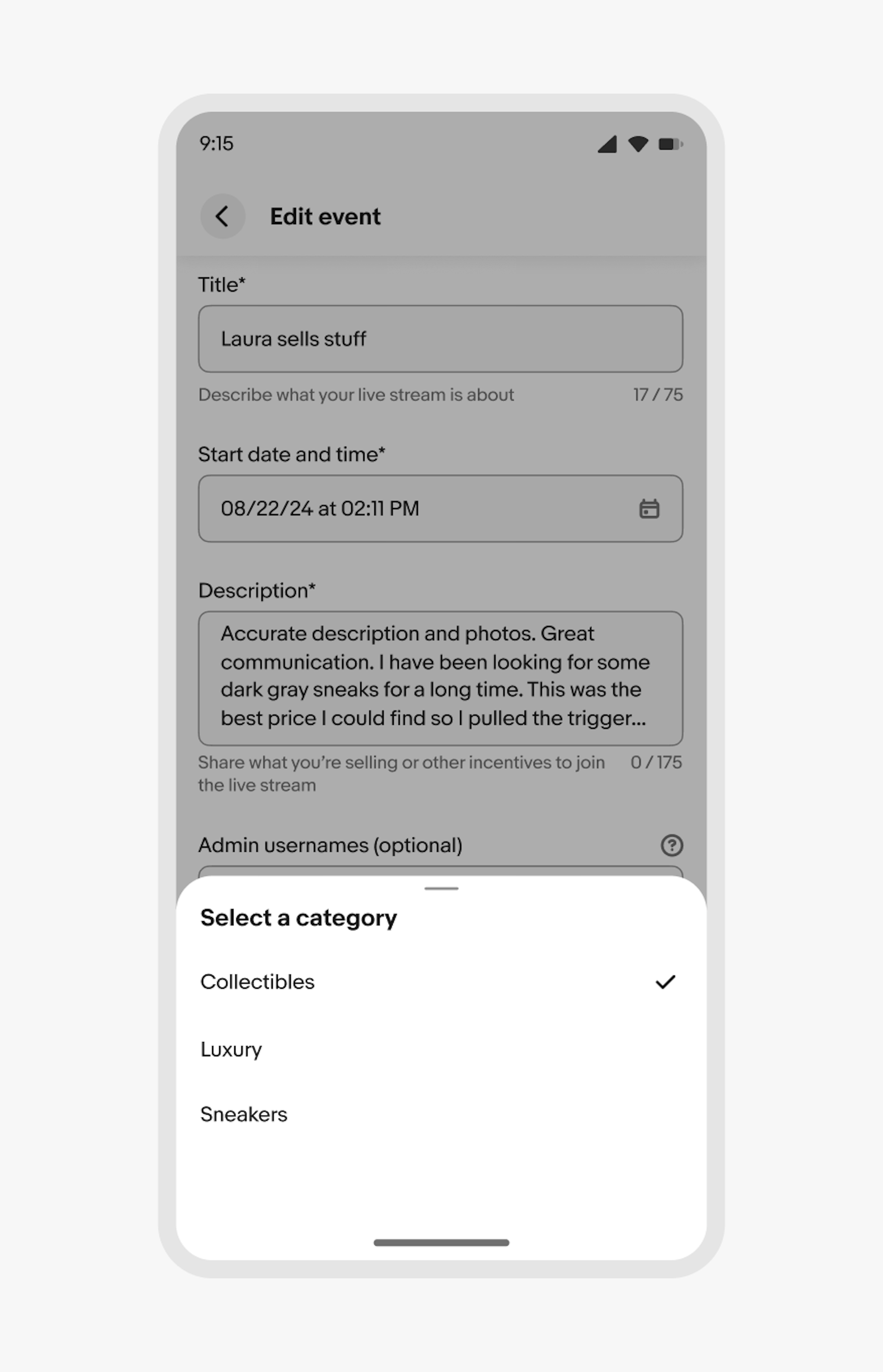 A modal bottom sheet is shown with single select for selecting a category.