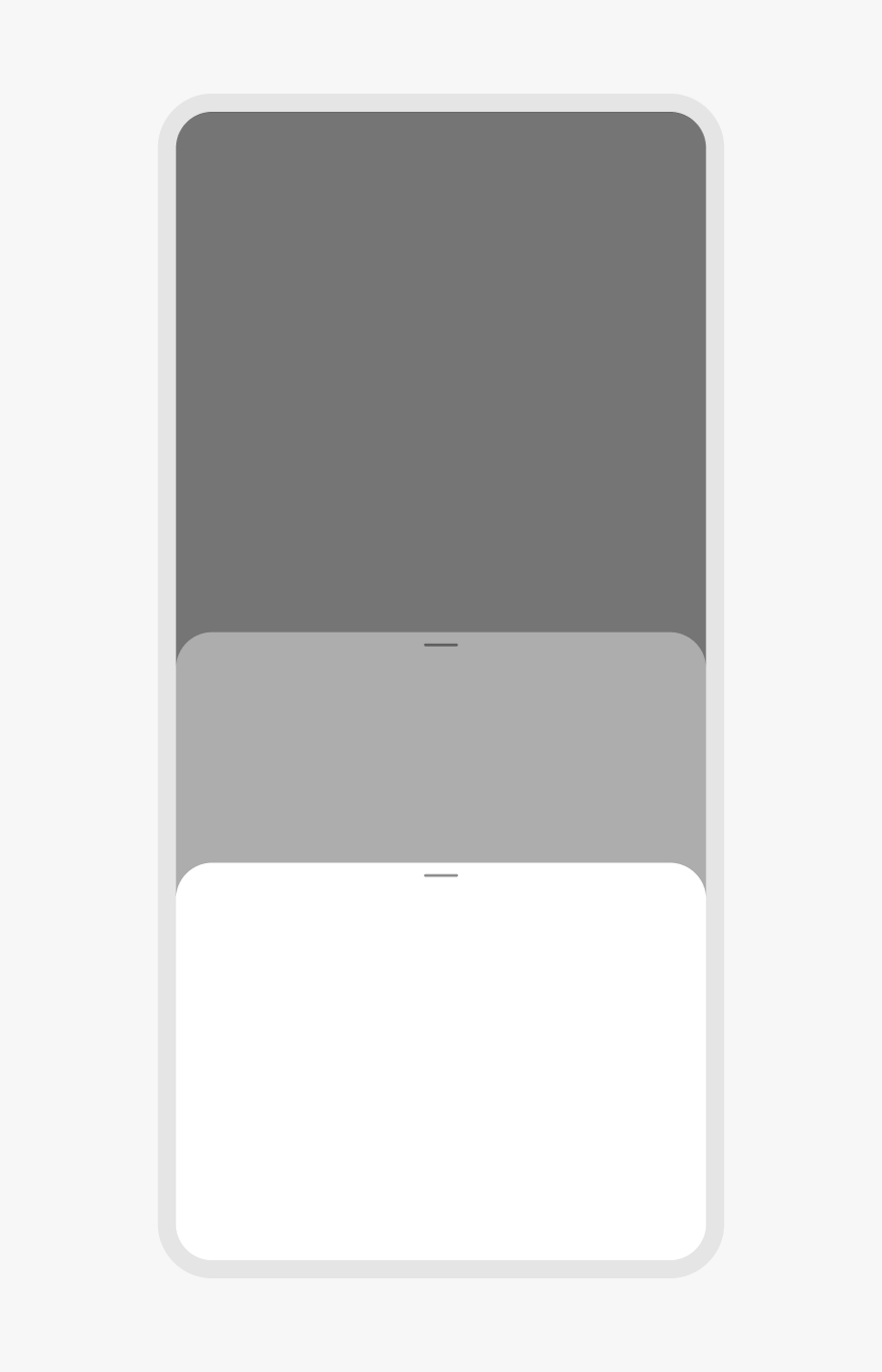 A bottom sheet spanning 30% of the page height is stacked in front of a bottom sheet spanning 50% of the page height.