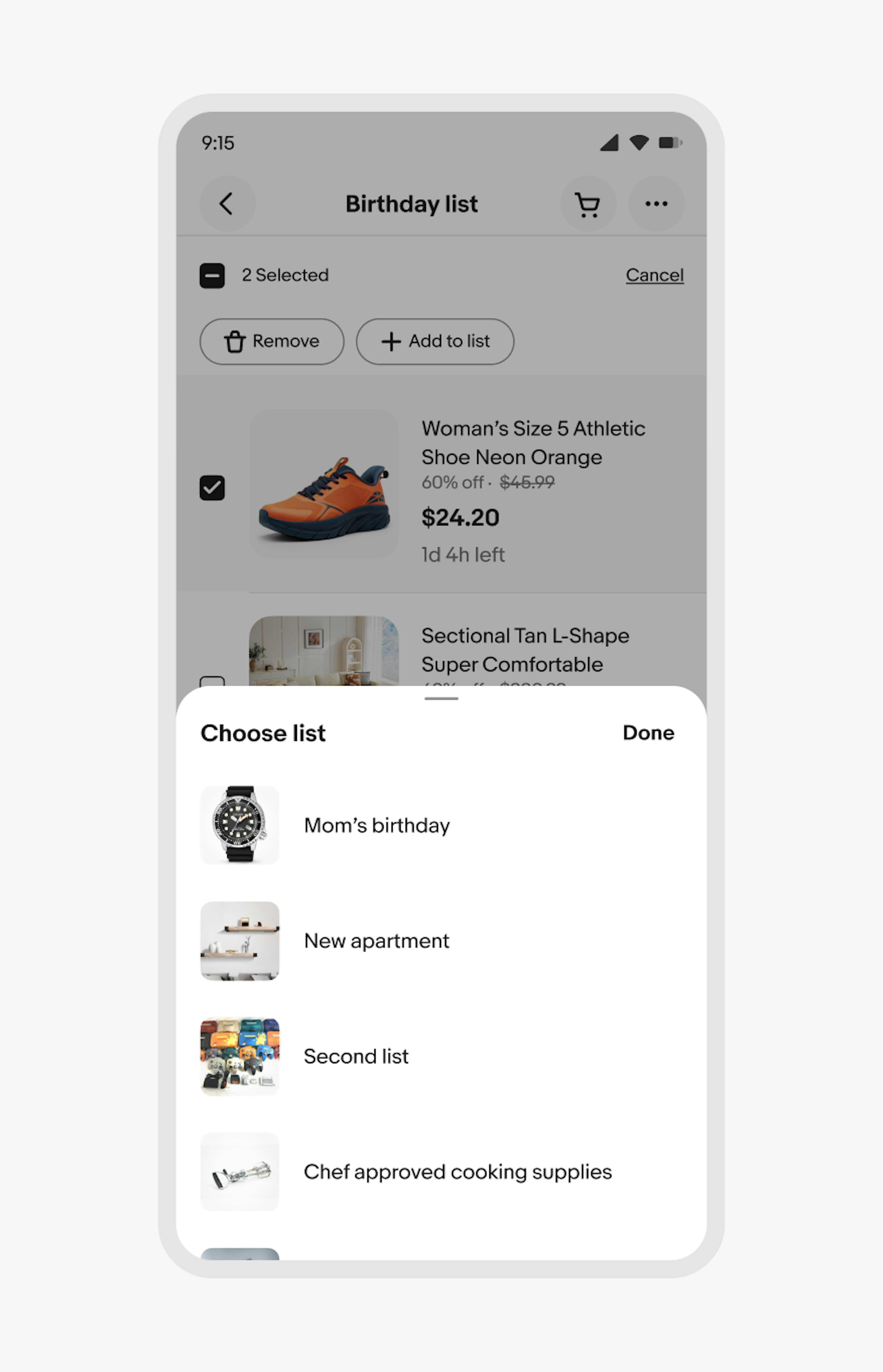 A bottom sheet spanning 50% of the page height contains a Choose list menu. The options shown are Mom’s birthday, New apartment, Second list, and Chef approved cooking supplies.