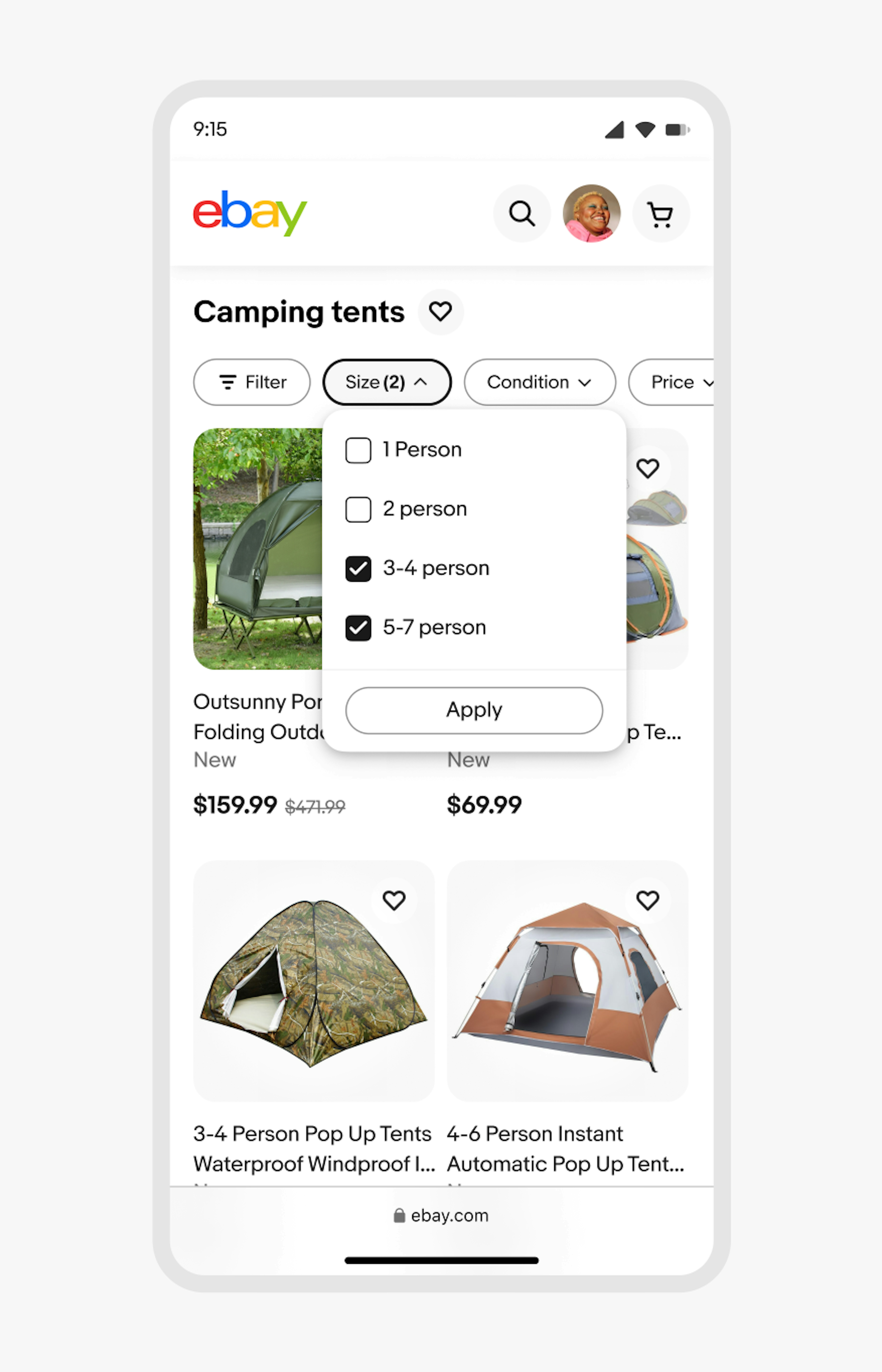 A ‘Camping tents’ page on eBay mobile web features four quick filters, with the ‘Size’ quick filter in a selected state.. The ‘Size’ quick filter features a counter of 2, and four checkbox options below in a dropdown popover: 1 person, 2 person, 3-4 person, and 5-7 person. 3-4 person and 5-7 person are selected.