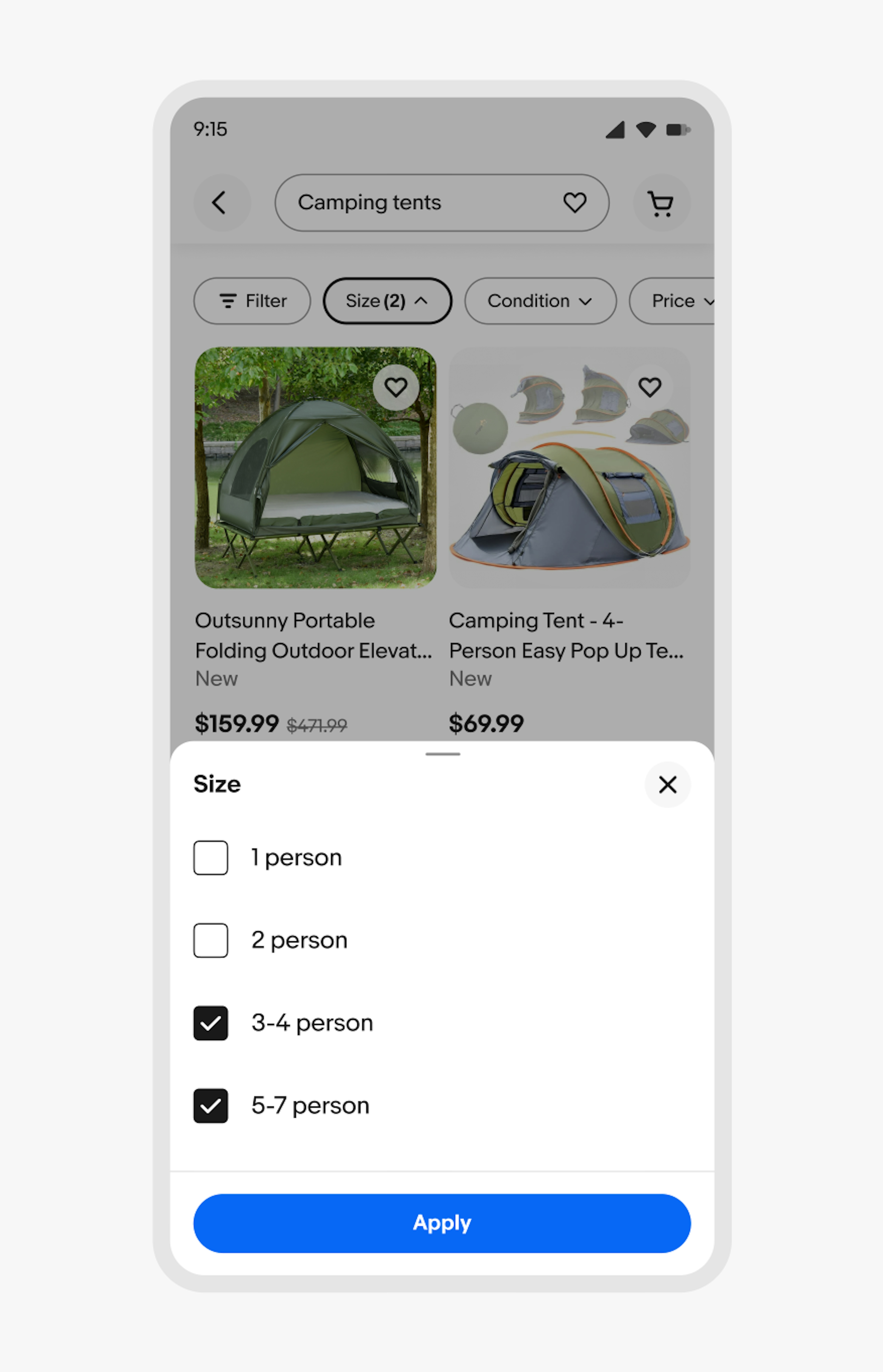 A ‘Camping tents’ page on the eBay mobile app features four quick filters, with the ‘Size’ quick filter in a selected state. The ‘Size’ quick filter features a counter of 2, and four checkbox options are displayed in a bottom sheet: 1 person, 2 person, 3-4 person, and 5-7 person. 3-4 person and 5-7 person are selected.