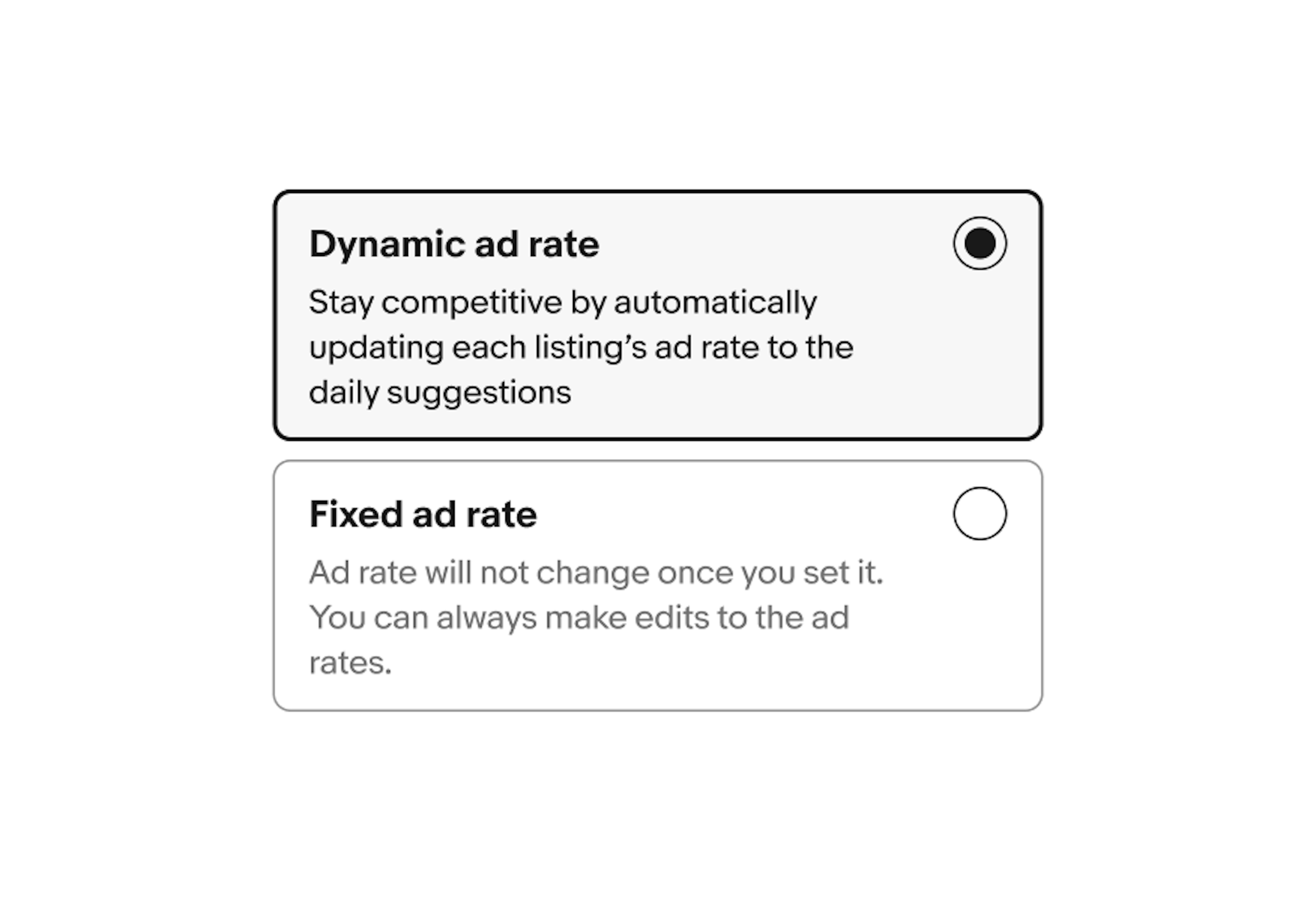 A text toggle button with a radio button in a selected state sits above a text toggle button with a radio button in an enabled state.