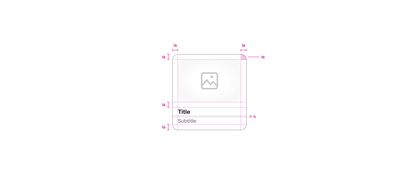 A toggle button gallery is shown with specs. The padding on the top, bottom, left, and right of the toggle button is 16px. The padding between the image and text content is 16px, and the padding between the title and subtitle is 4px. The corner radius around the button is 16px.