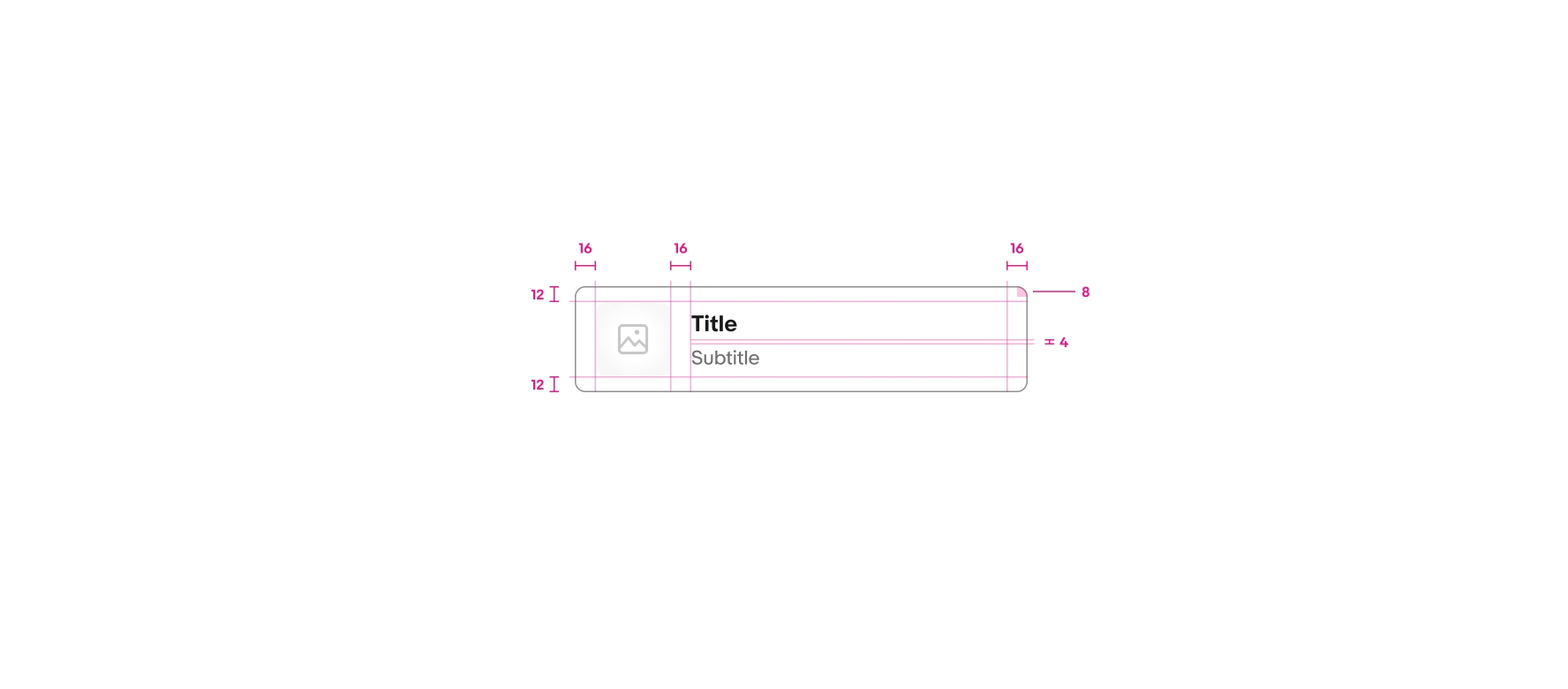 A toggle button list is shown with specs. The padding on the top and bottom of the toggle button is 12px, and the padding on the left and right of the toggle button is 16px. The padding between the image and text content is 16px, and the padding between the title and subtitle is 4px. The corner radius around the button is 8px.