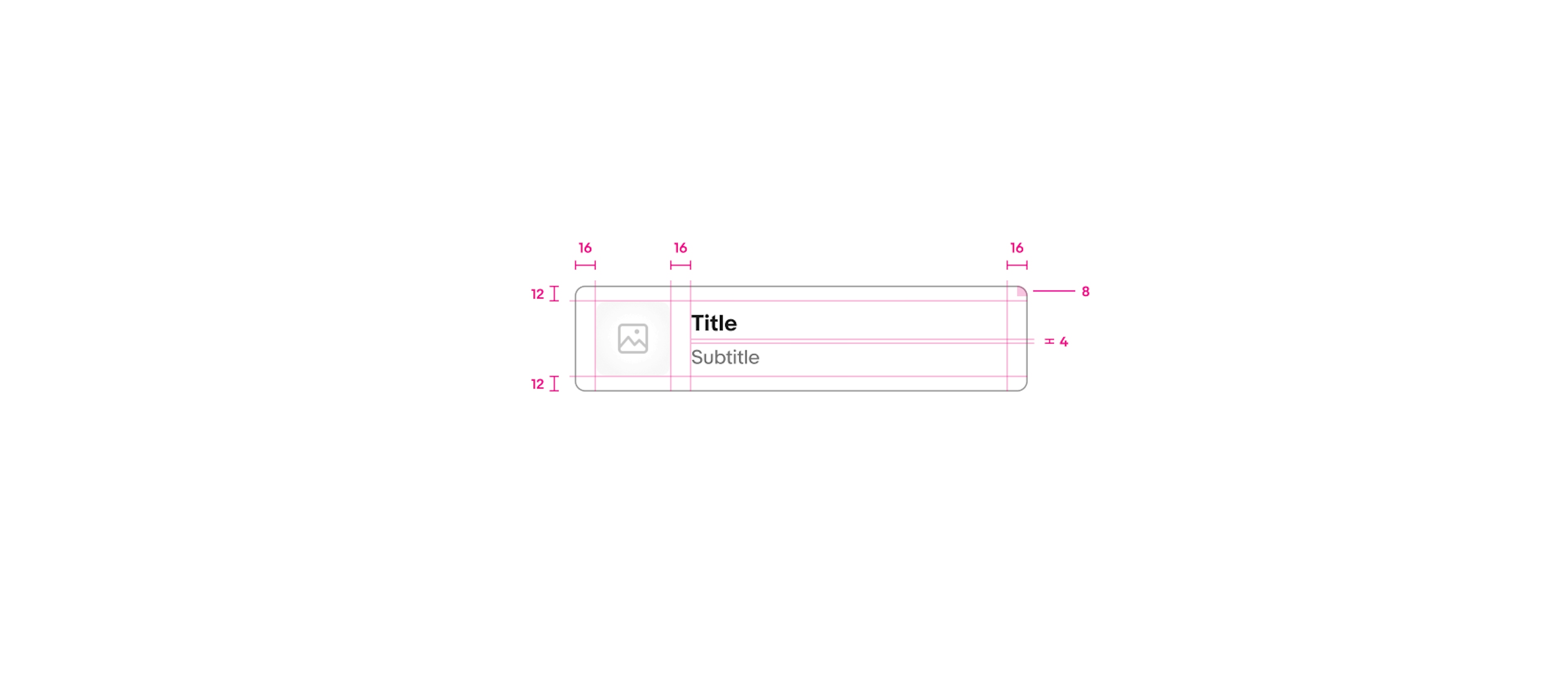 A toggle button list is shown with specs. The padding on the top and bottom of the toggle button is 12px, and the padding on the left and right of the toggle button is 16px. The padding between the image and text content is 16px, and the padding between the title and subtitle is 4px. The corner radius around the button is 8px.