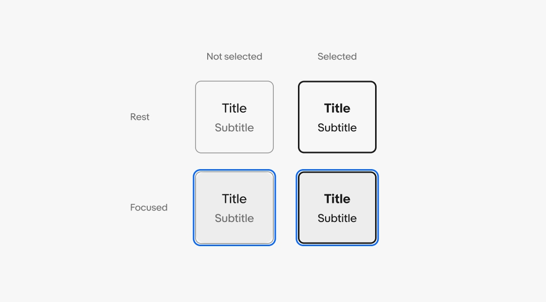A group of toggle buttons in states of rest, selection and focus.