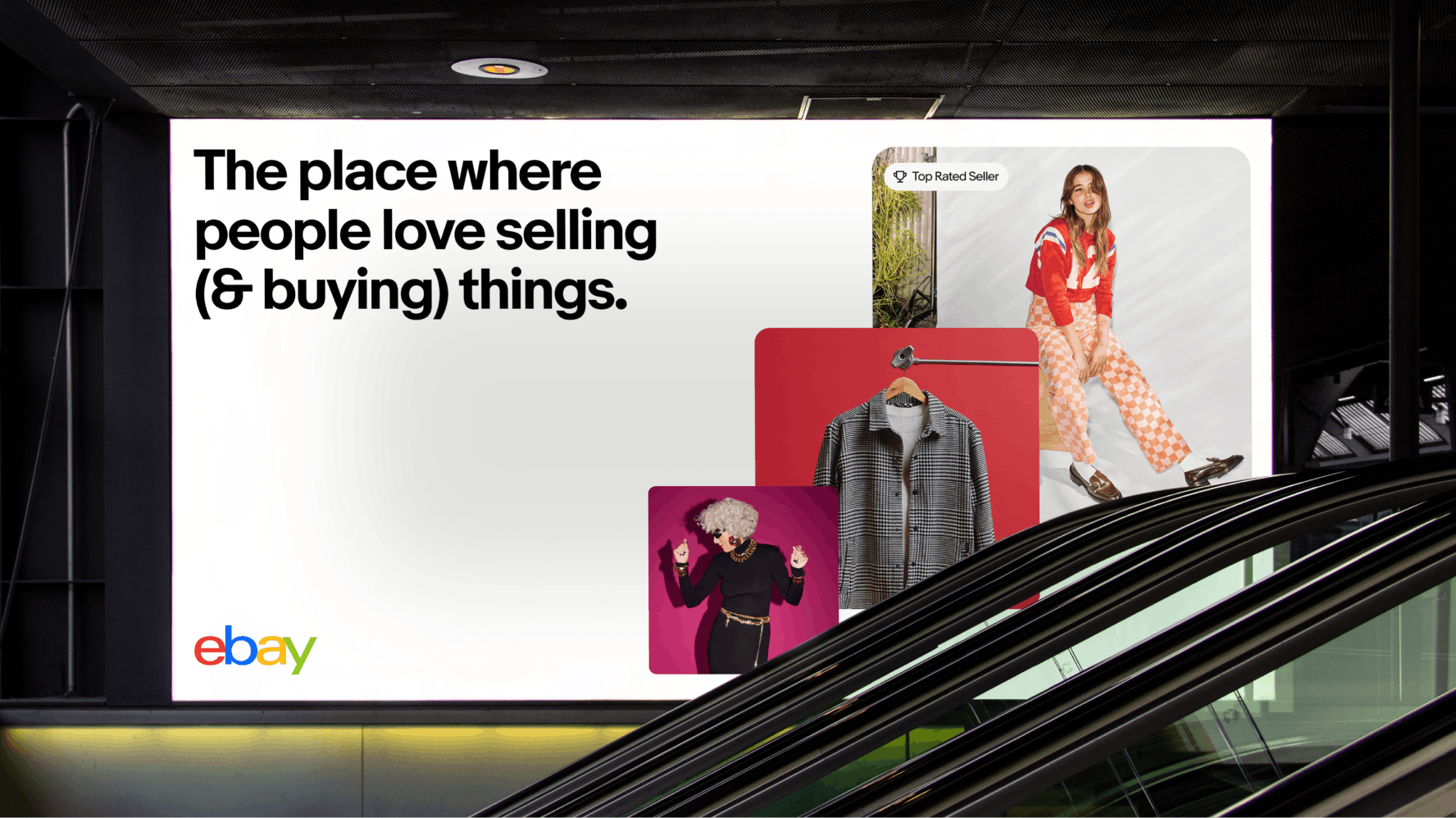 An OOH eBay billboard featuring a ‘Top Rated Seller’ UI Element with a top rated seller icon sitting in an image stacked behind two other images.