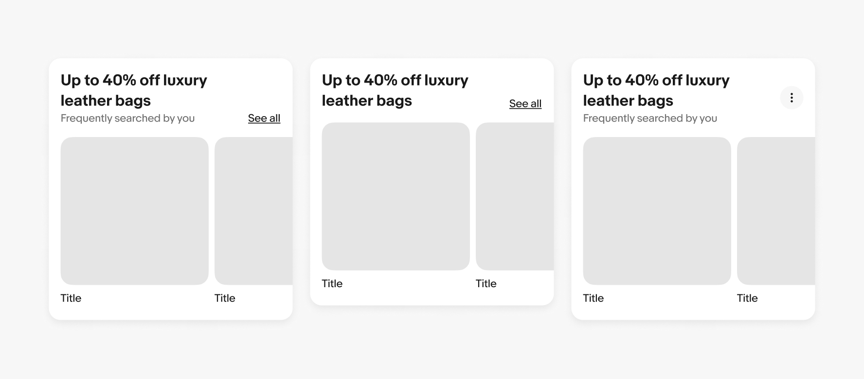 Three examples of text wrapping in section headers: The first example displays the title wrapping to two lines, and the subtitle below spanning one line. The trailing accessory (‘See all’ text link) is aligned to the baseline of the subtitle. The second example displays the title wrapping to two lines, and the trailing accessory (‘See all’ text link) is aligned to the baseline of the title. The third example displays the title wrapping to two lines, and the subtitle below spanning one line. The overflow icon button is vertically centered to the title and subtitle.