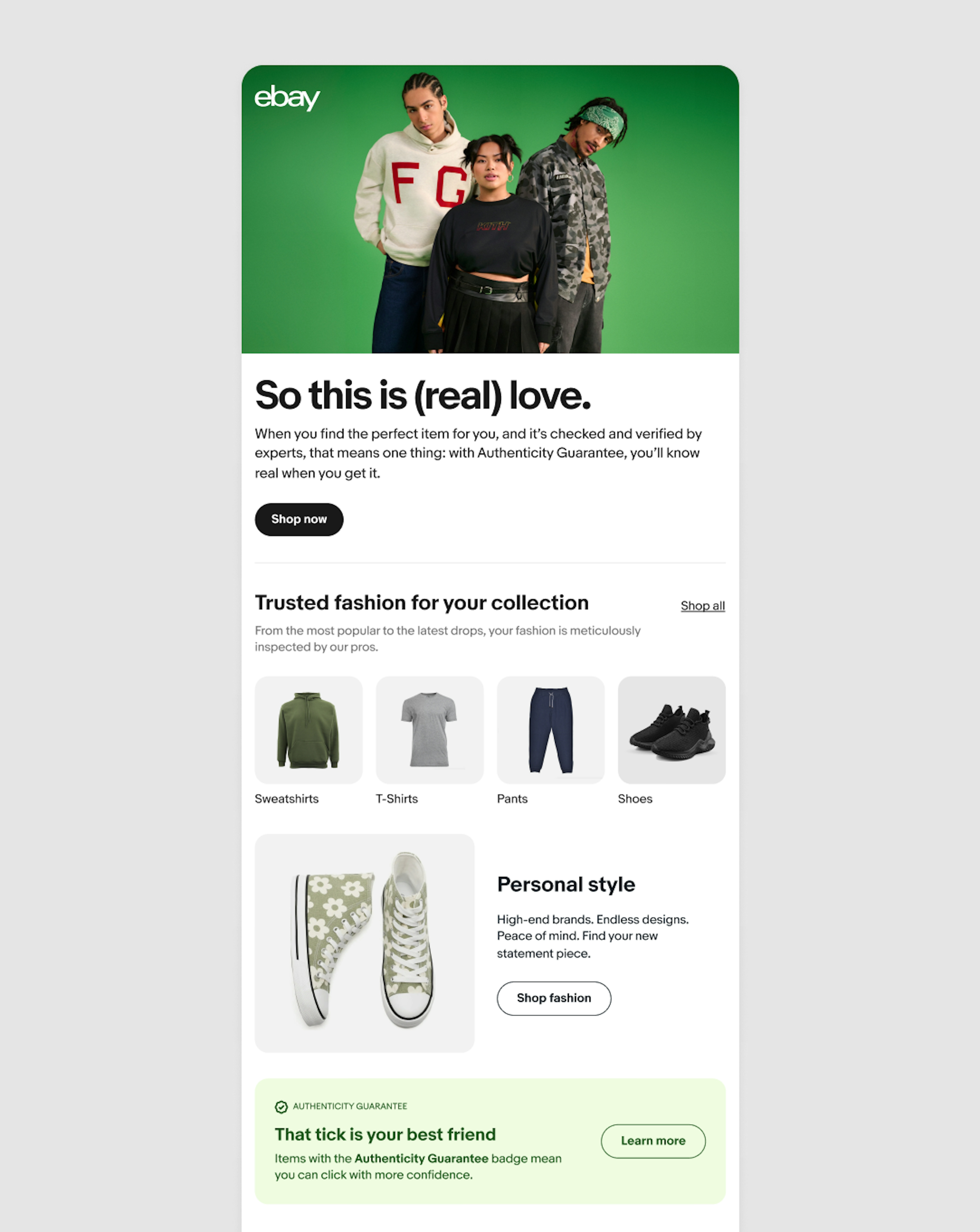 Email with an image in the header and says, “(Pre)love fashion for less” in the title. There is visual navigation, an education module and seller cards below with the full footer.