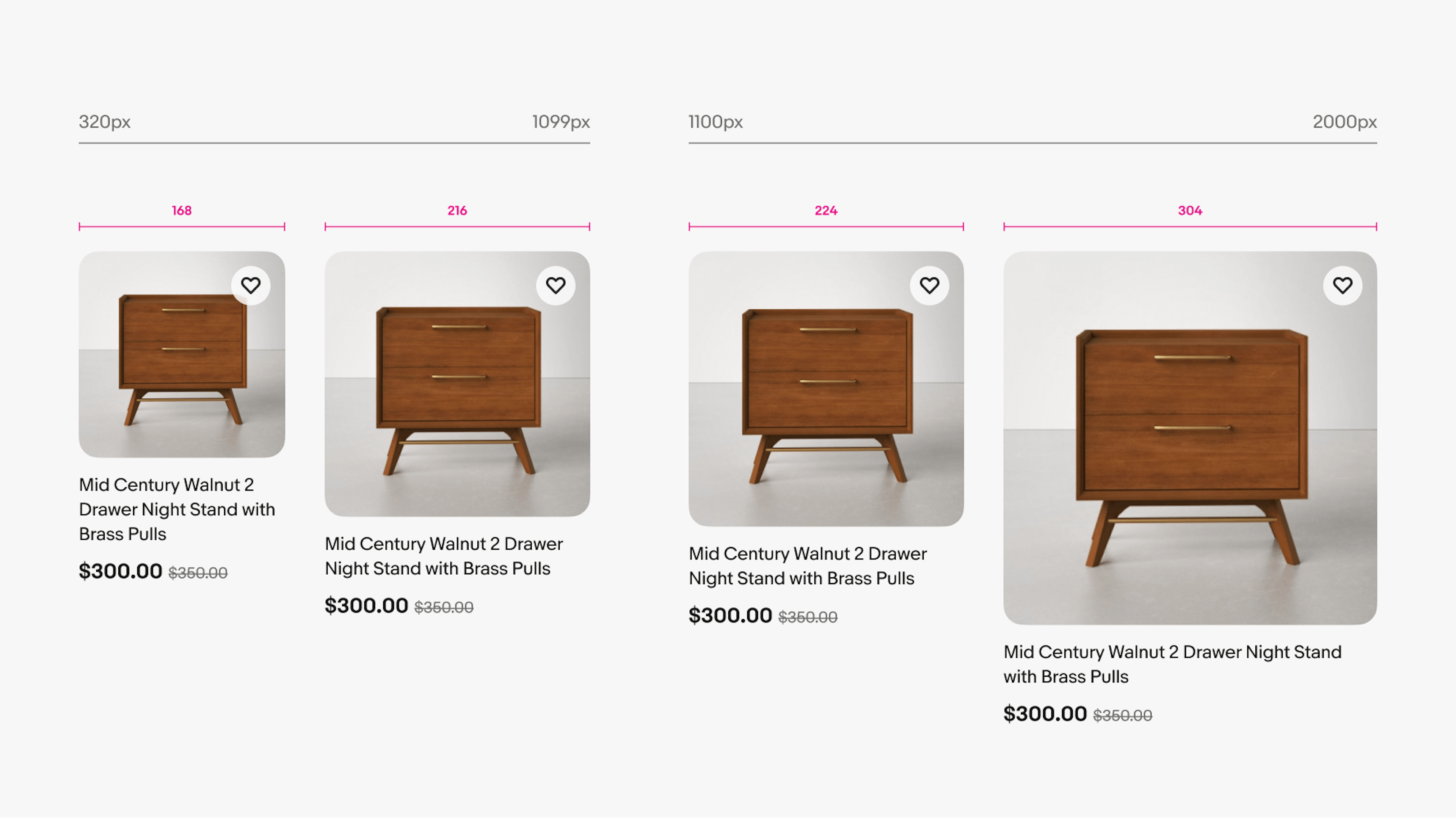 Four item tiles demonstrating the difference in size according to screen size. From left to right: Two item tiles (168px and 216px) sit below a scale that ranges from 320px to 1099px. Two item tiles (224px and 304px) sit below a scale that ranges from 1100px to 2000px.