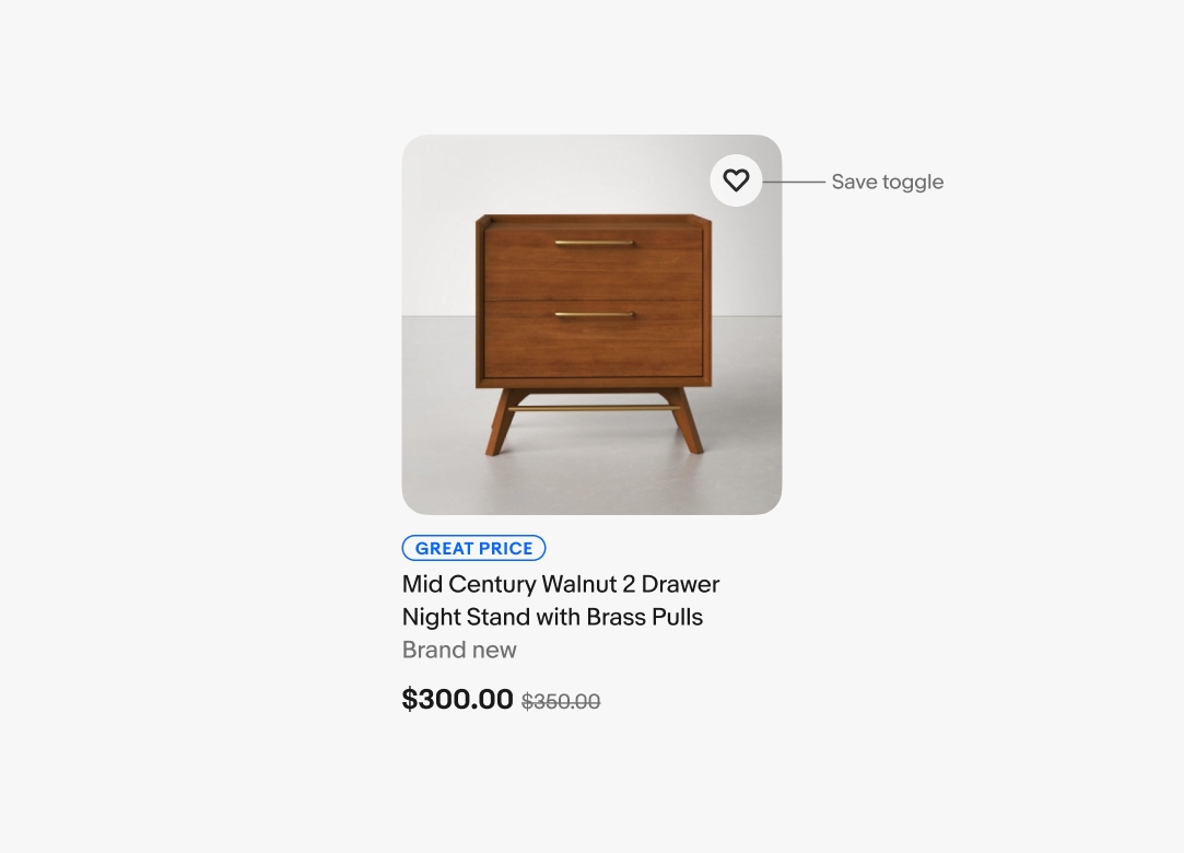 A ‘Save’ icon button sits to the top right of an item tile.
