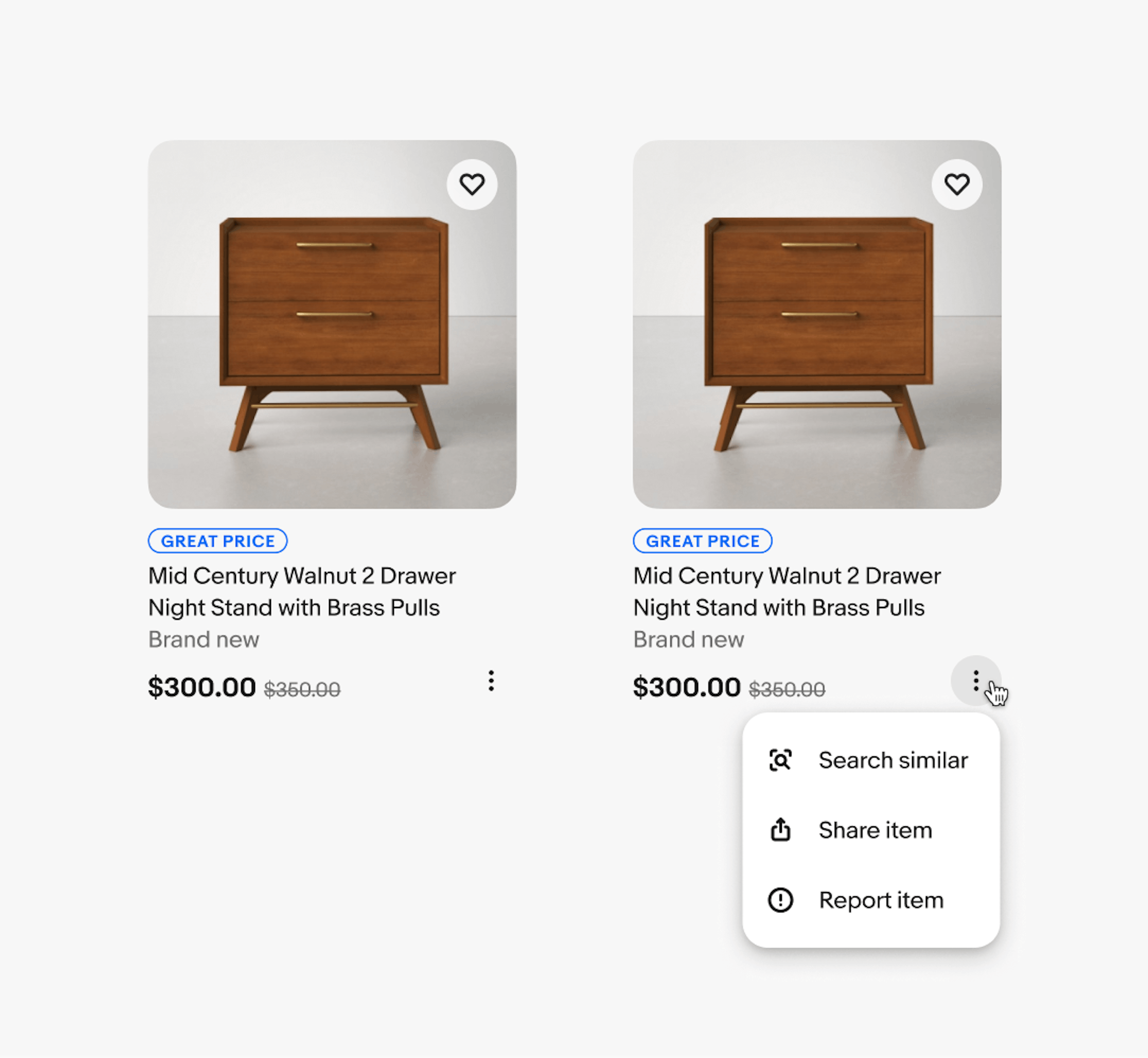 An item tile with an overflow icon in the bottom right for additional actions. The overflow opens a popover with the actions ‘Search similar’, ‘Share item’, and ‘Report item’.
