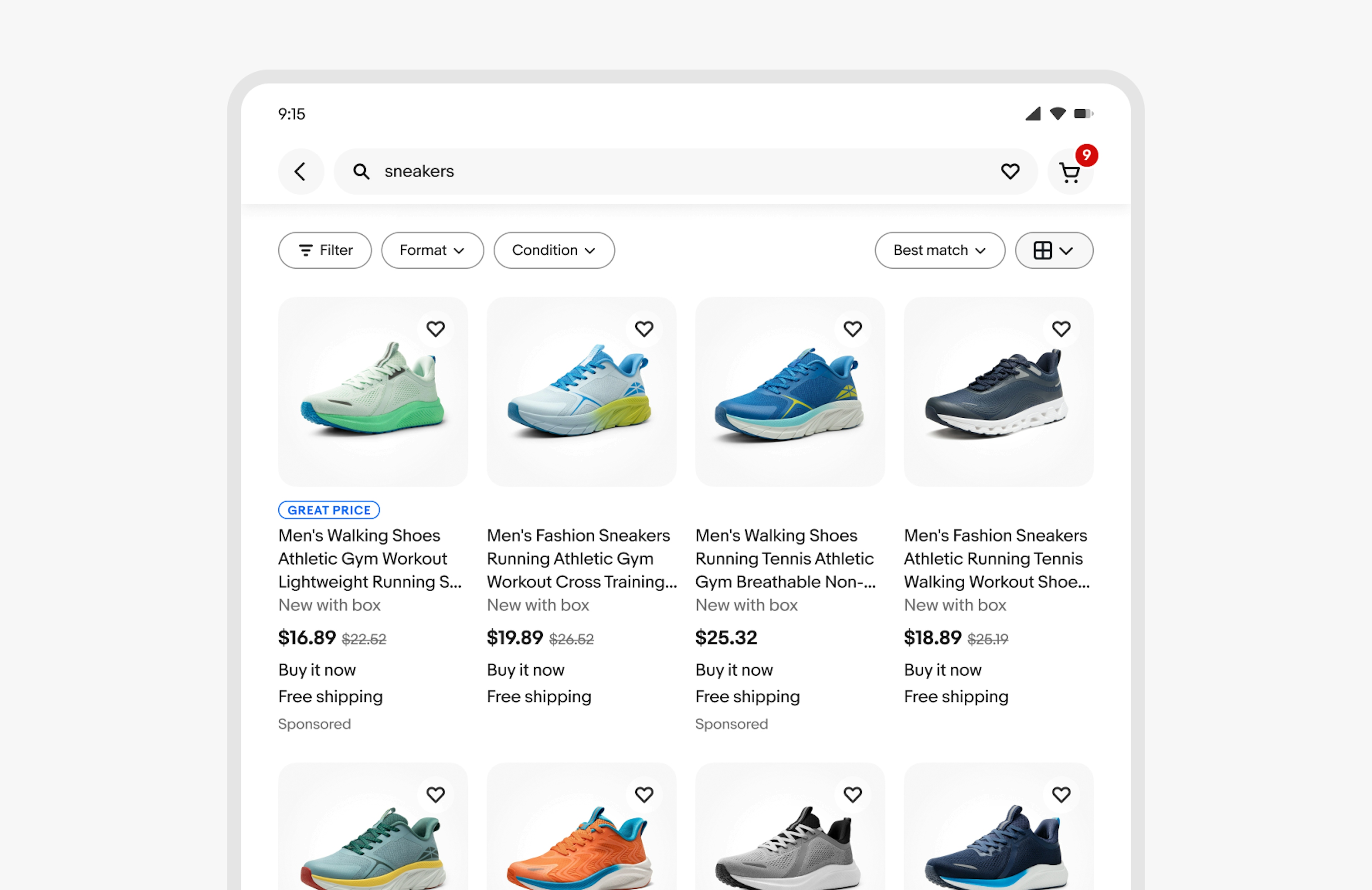 A ‘Sneakers’ search result on an eBay tablet screen displays item tiles in gallery view.