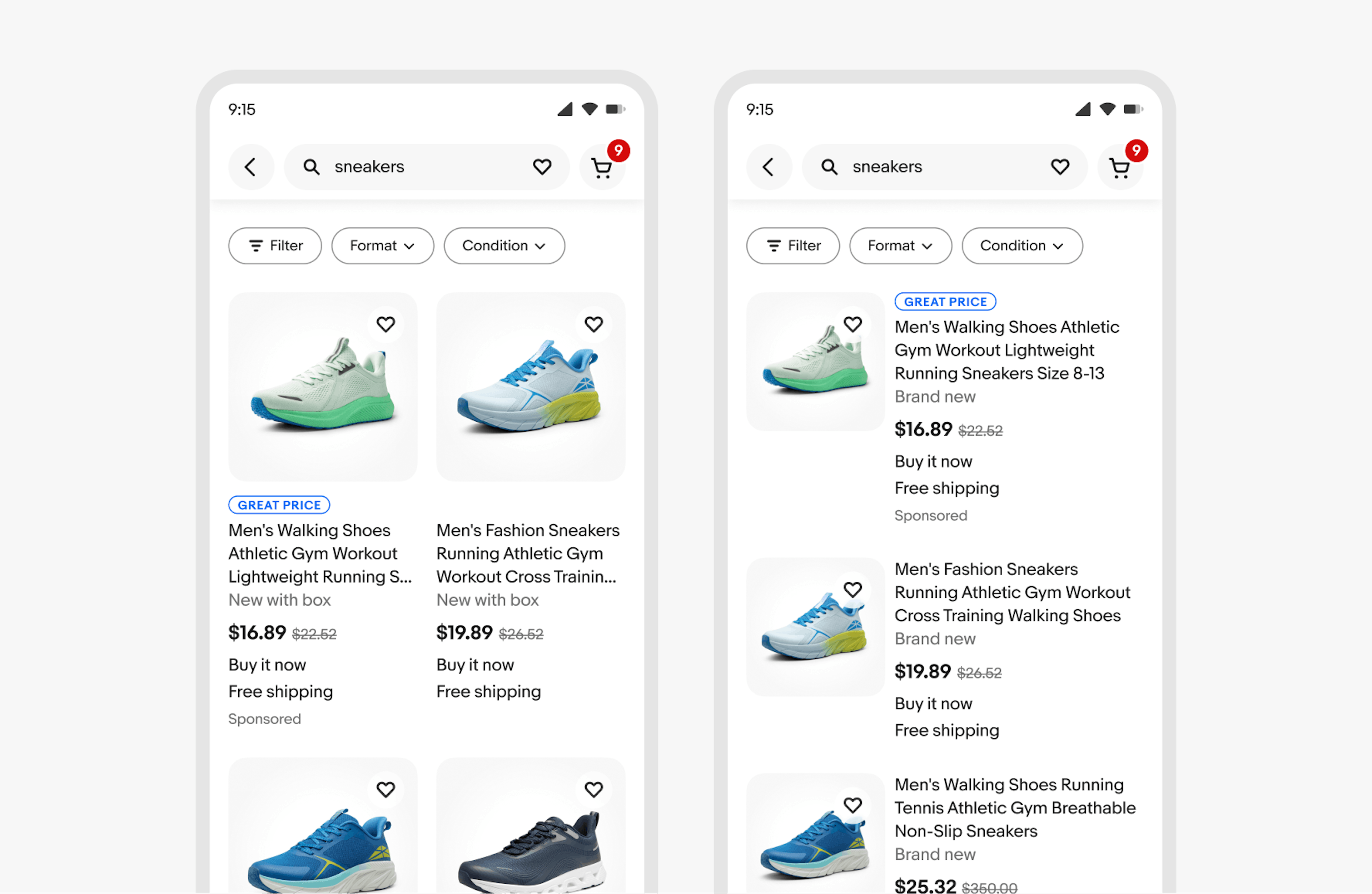 A ‘Sneakers’ search result on an eBay mobile screen displays item tiles in grid and list views.