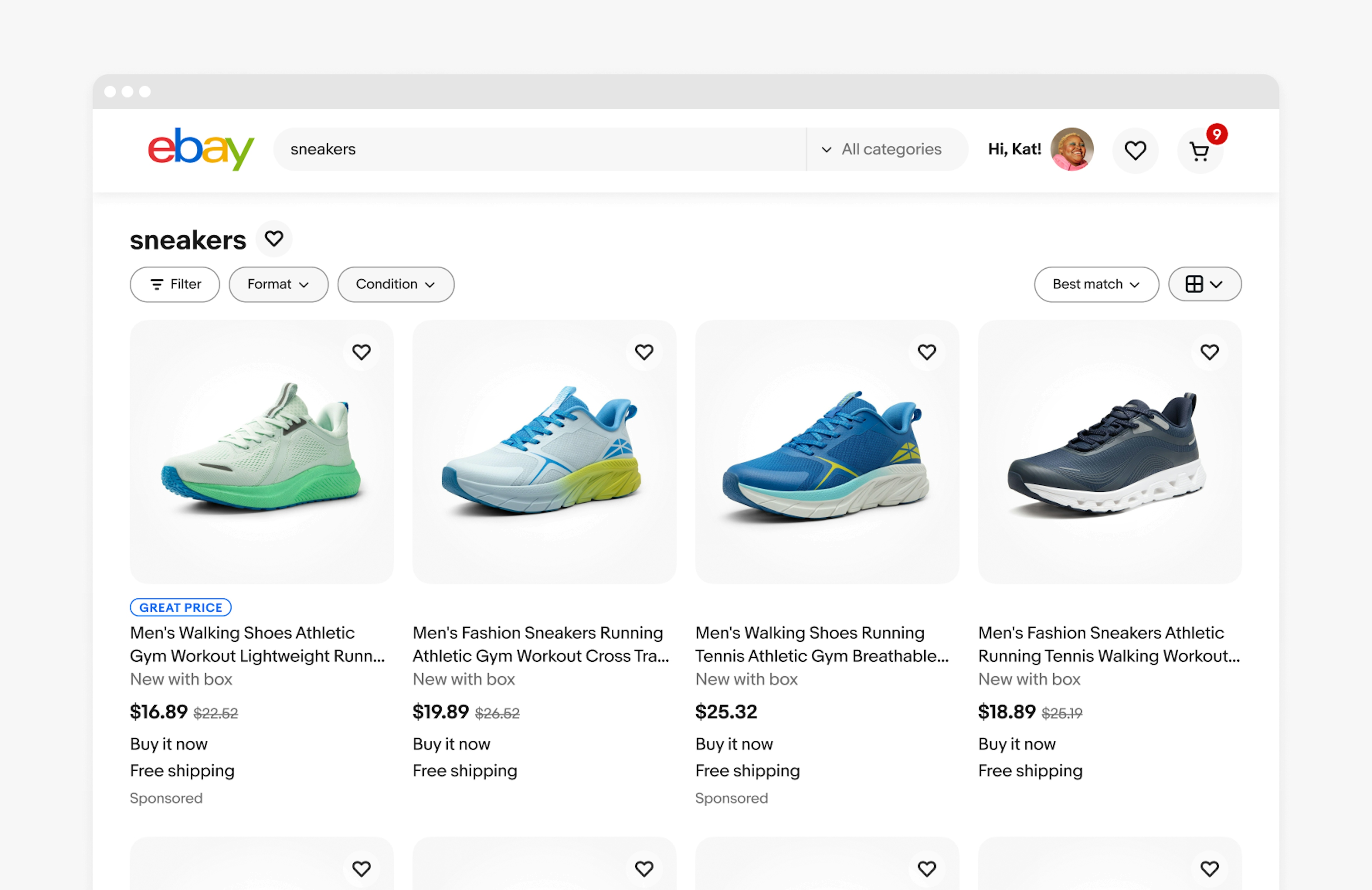 A ‘Sneakers’ search result on an eBay desktop screen displays item tiles in gallery view.