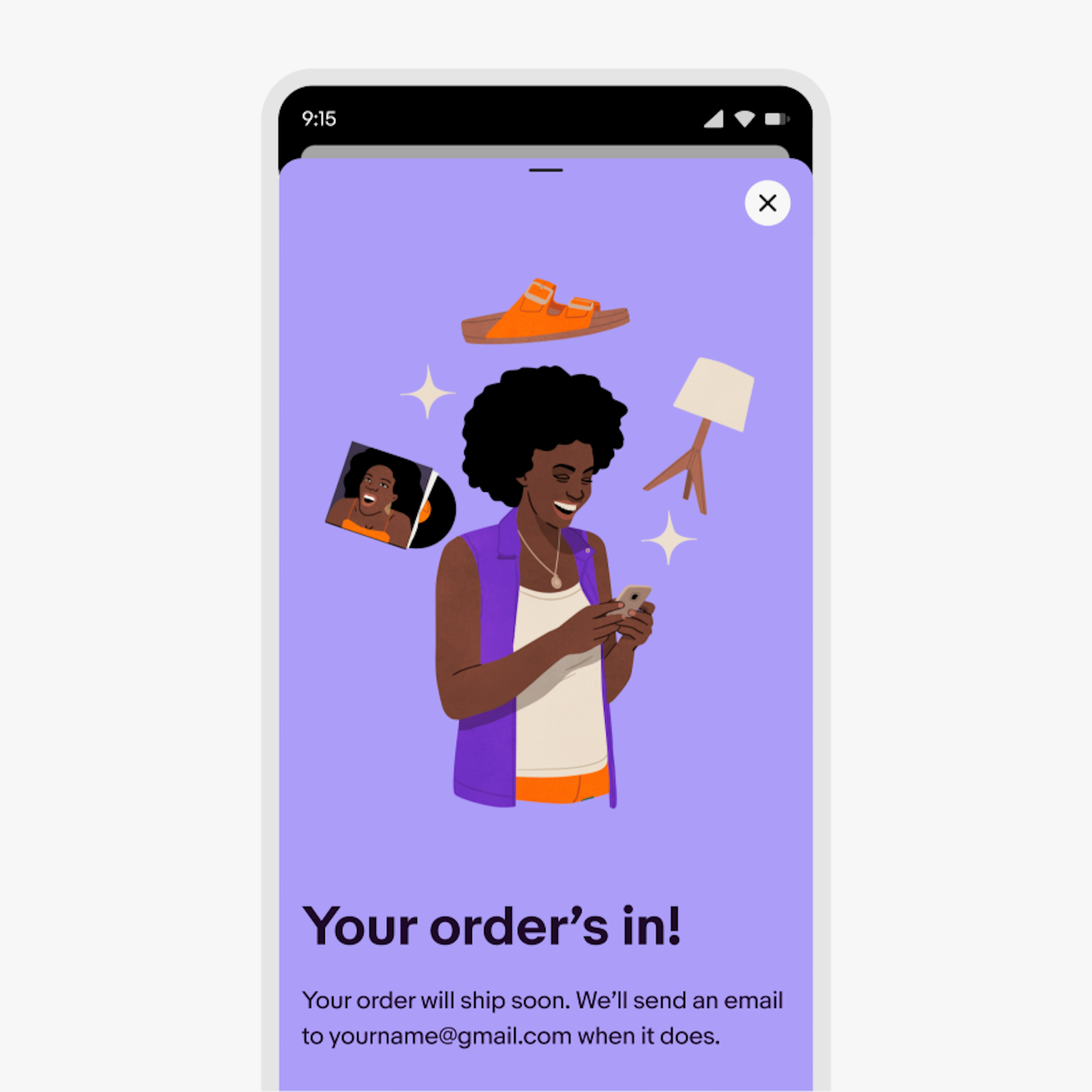 Success sheet on mobile, with purple background and illustration of a woman smiling at her phone as various products swirl around her.