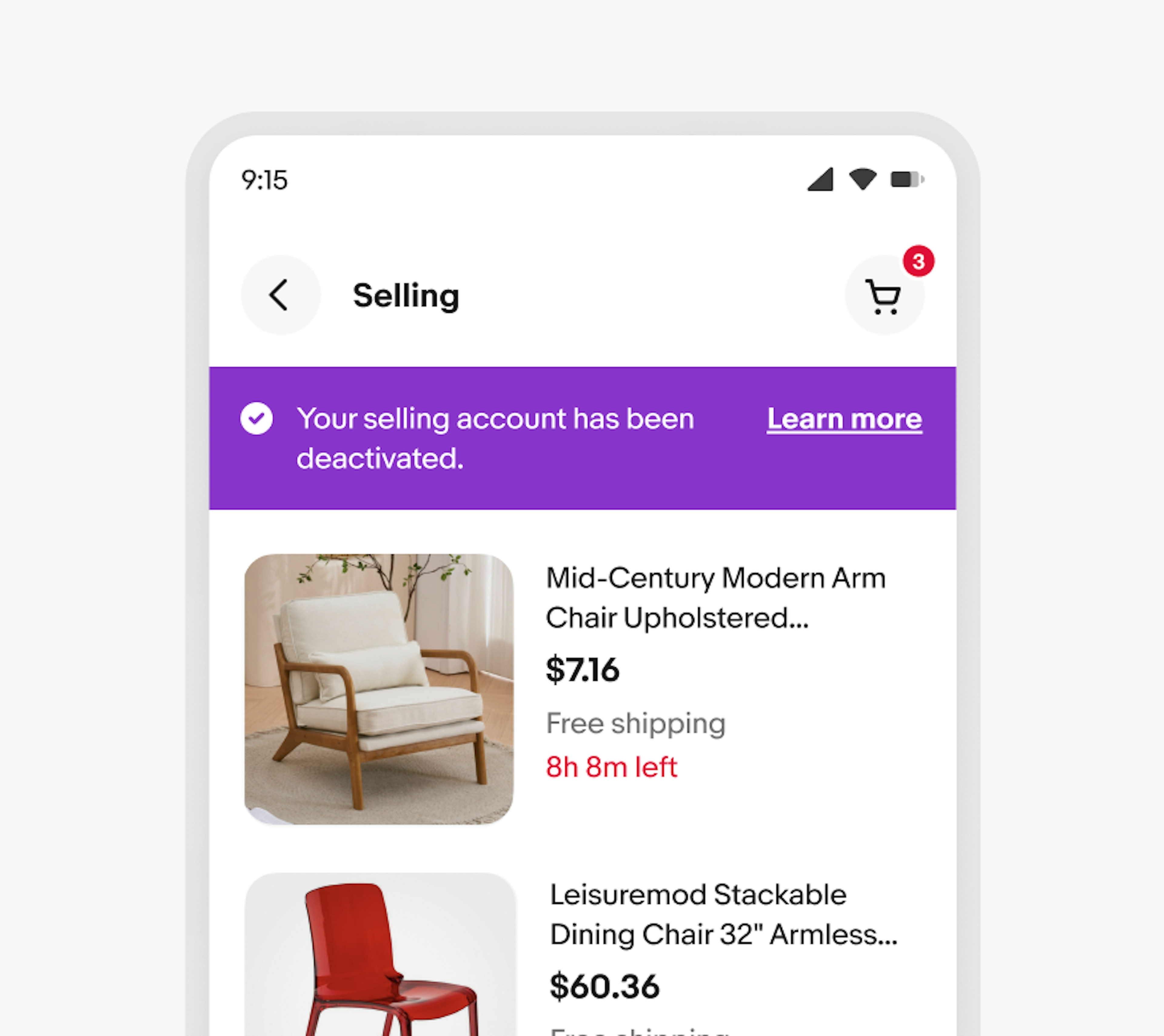 A purple alert notice sits in the Selling section on the eBay app.