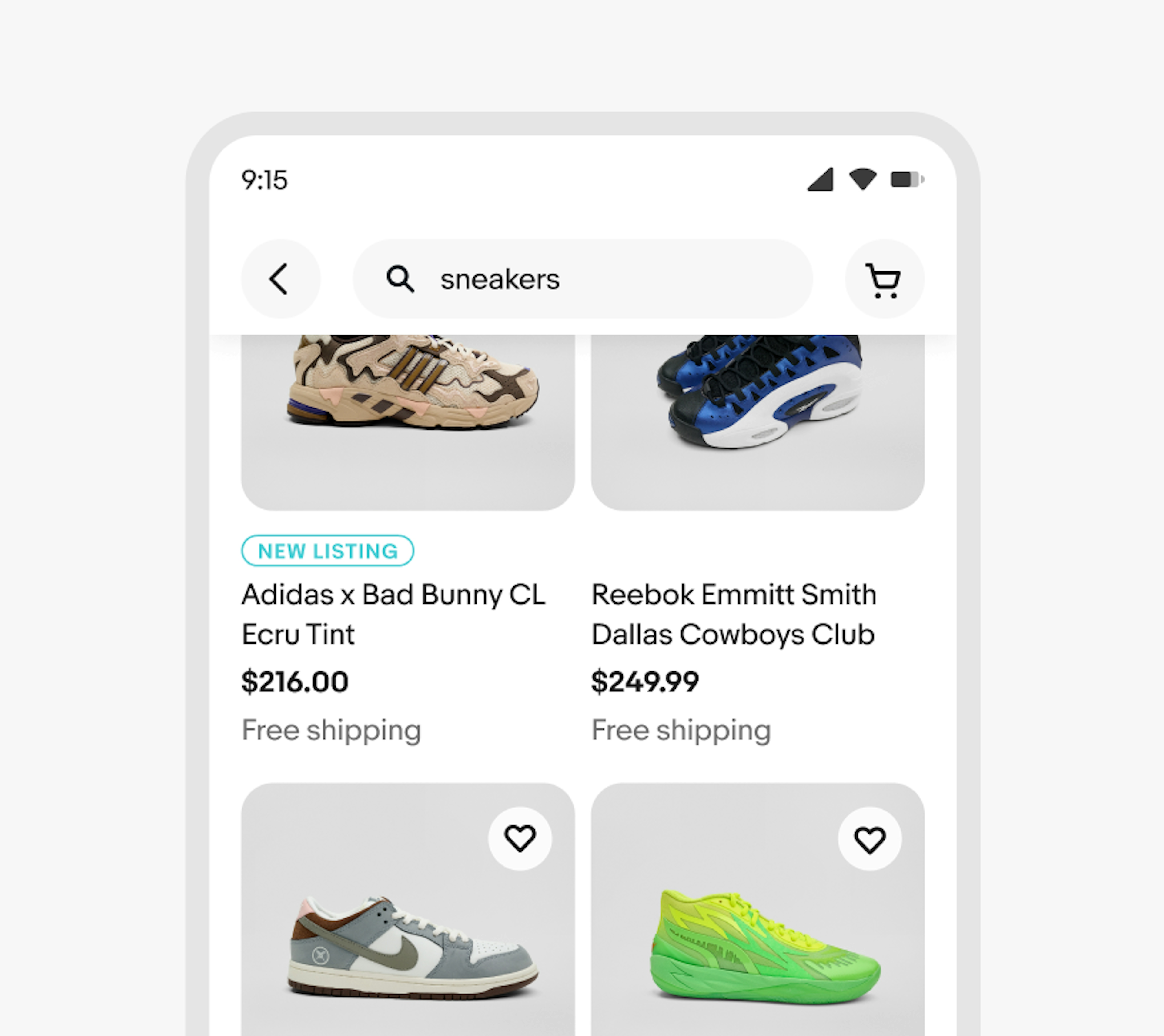 A teal ‘NEW LISITING’ signal in one of four item tiles on the eBay app.