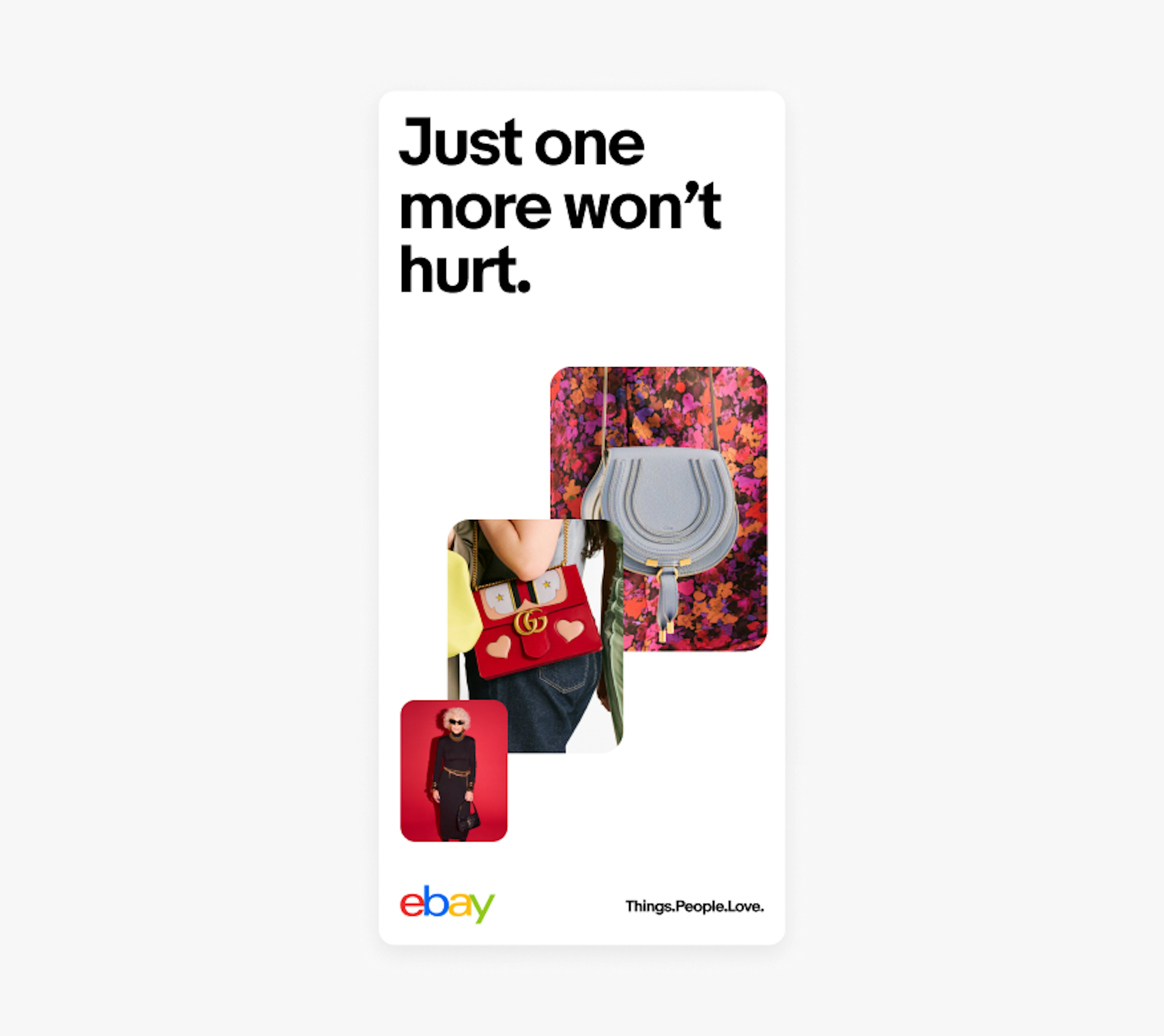 A digital banner ad with black text, three red-tones stacked images, the 4-color eBay logo, and tagline in black on a white background. 