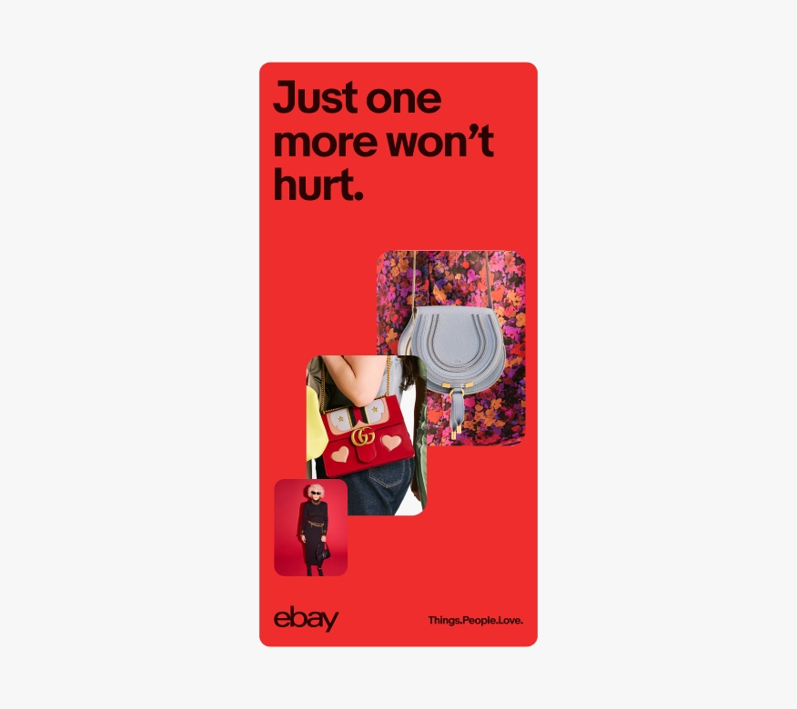 A digital banner ad with dark red text, three red-tones stacked images, the eBay logo in dark red, and tagline in dark red on a red background.