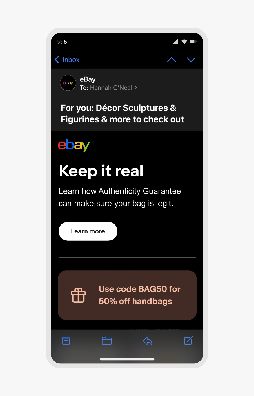 A mobile eBay email in dark mode with a light orange icon and text on a dark orange banner.