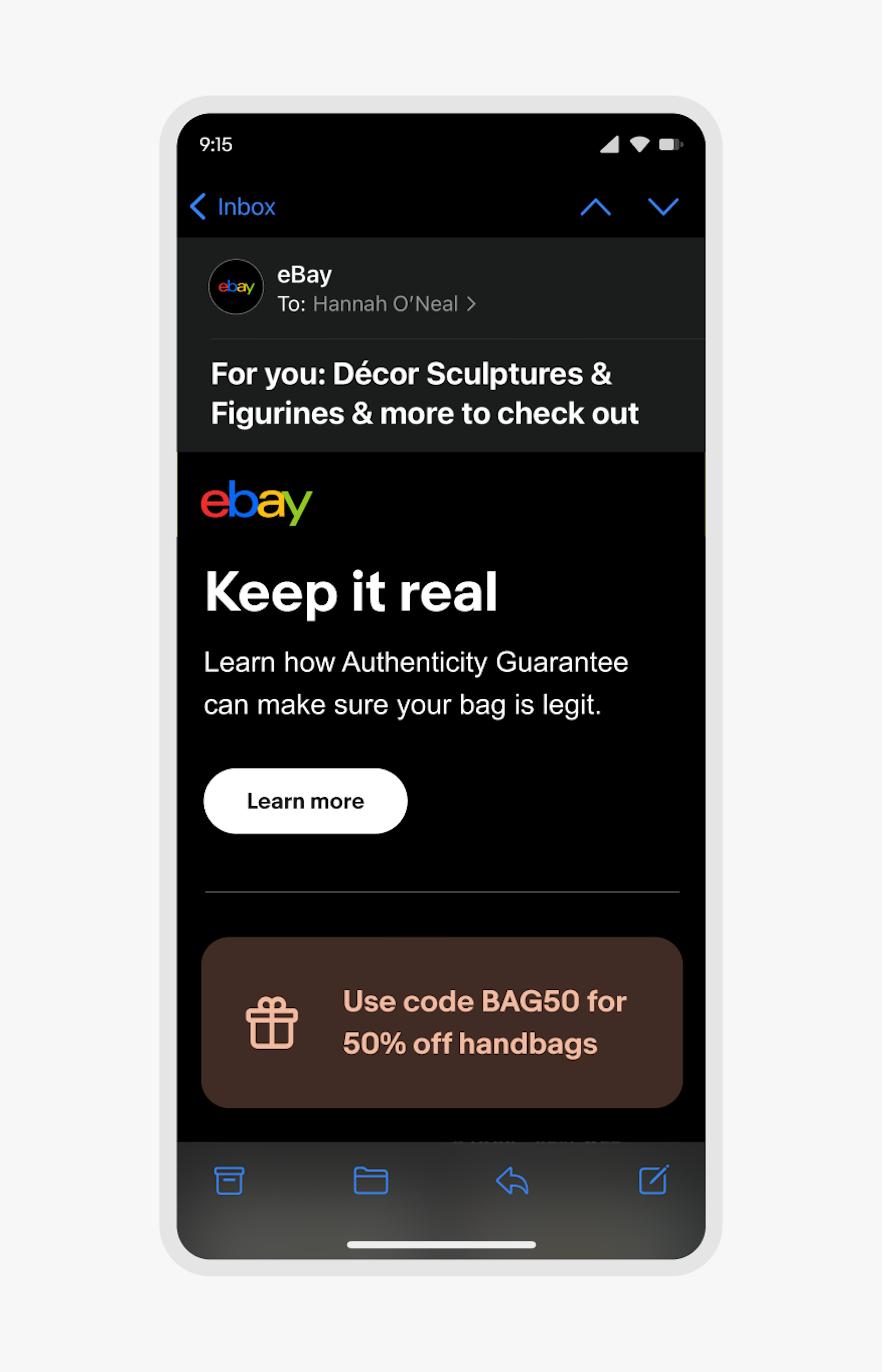 A mobile eBay email in dark mode with a light orange icon and text on a dark orange banner.