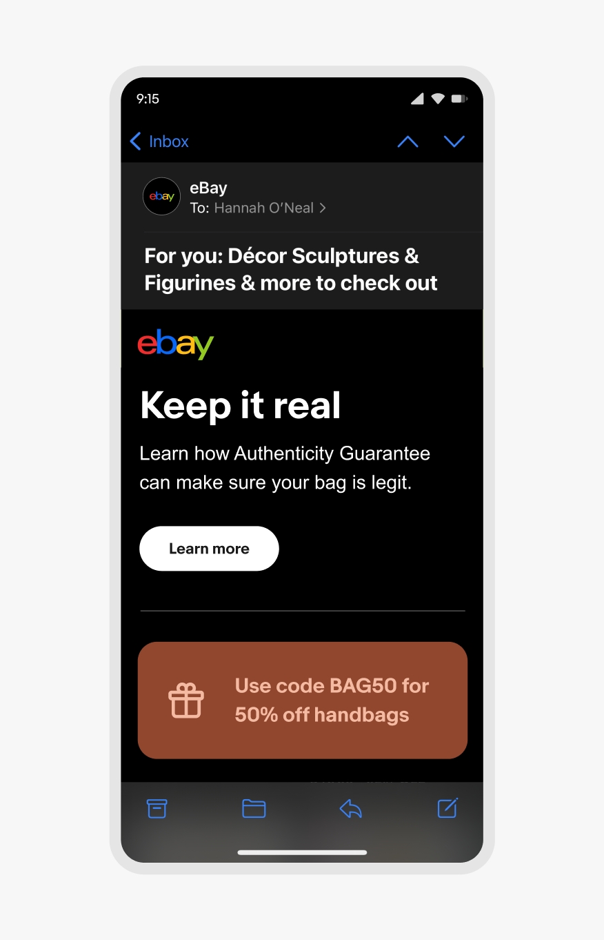 A mobile eBay email in dark mode with a light orange icon and text on an orange banner.
