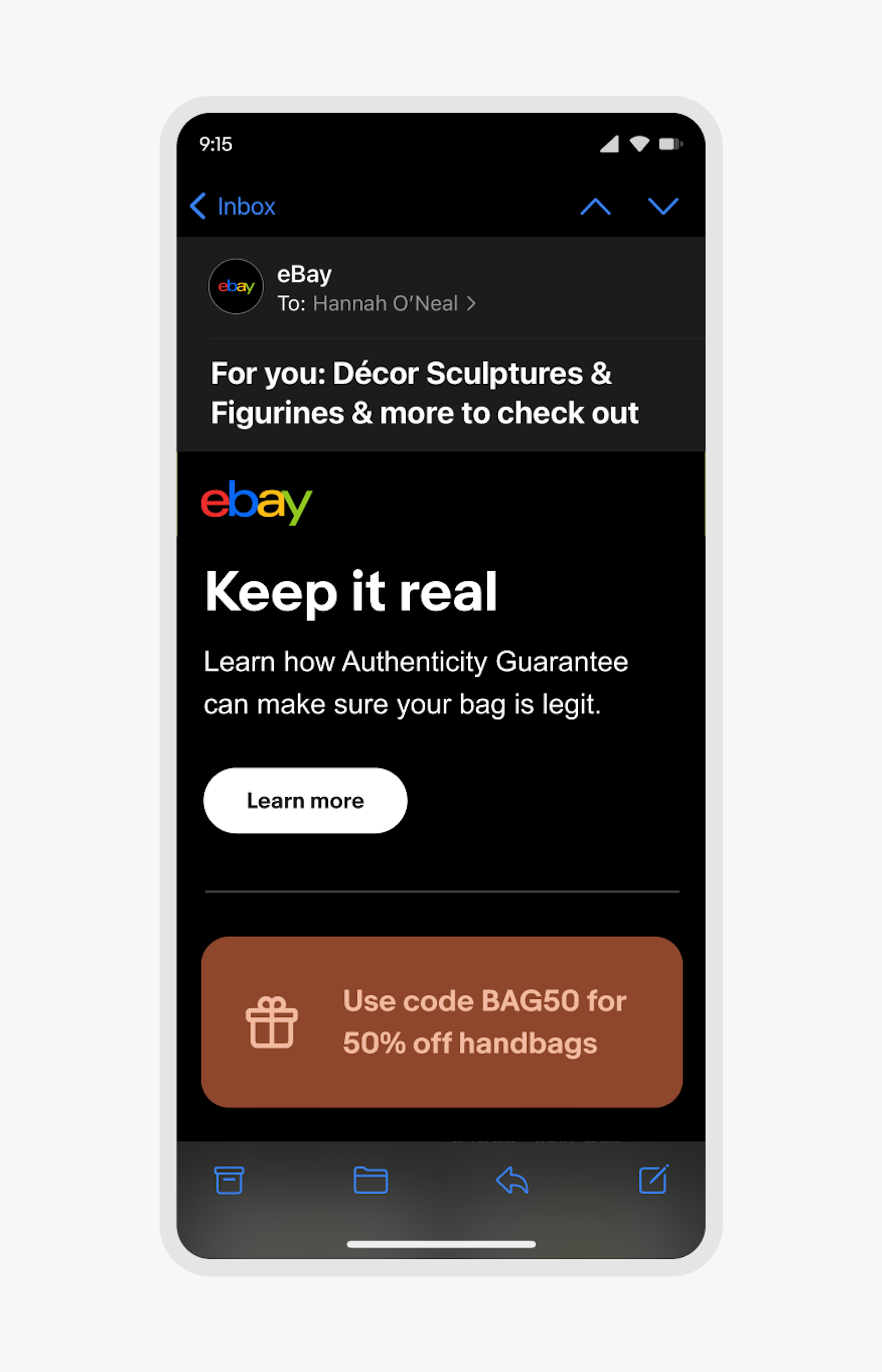 A mobile eBay email in dark mode with a light orange icon and text on an orange banner.