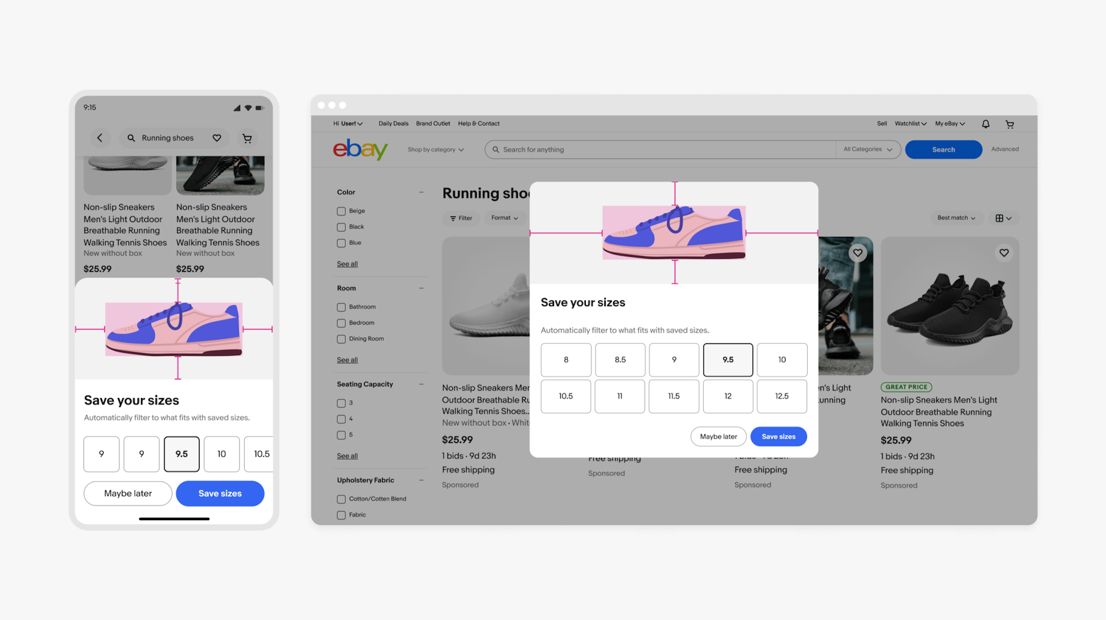 A mobile and desktop view of a Running shoes search result. On mobile, a bottom half sheet is shown with a Save your sizes selector. The top of the bottom half sheet shows a blue and white sneaker illustrated on a neutral grey background. A pink box and red lines surround the space around the illustration showcasing how much space is allowed around the artwork. 
On desktop, a modal is shown with the same illustration and details.