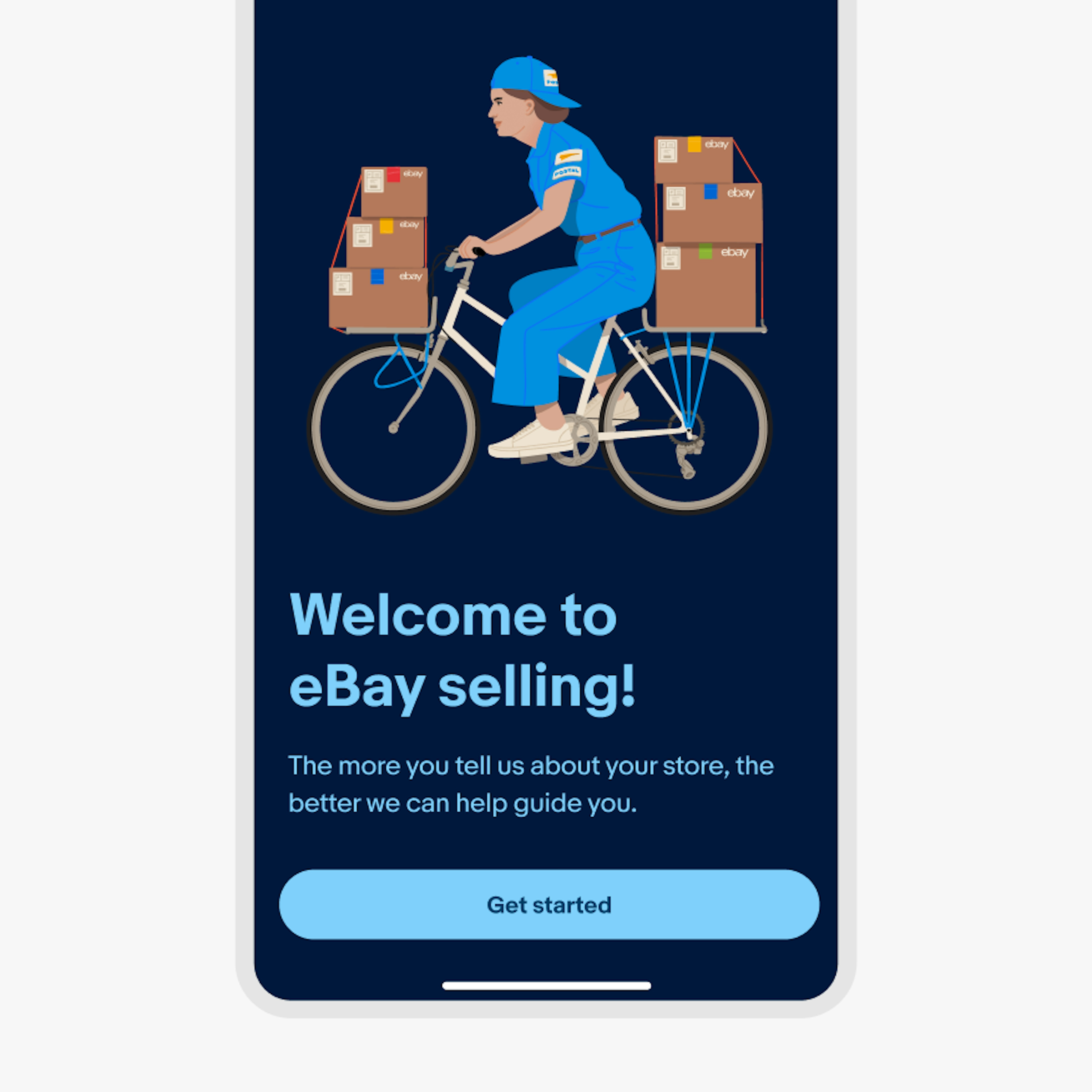 A full color sheet on the eBay mobile app with the top half showcasing an illustration of a postal delivery worker. The delivery worker is wearing a blue uniform riding a bicycle with 6 eBay cardboard boxes attached to the bike, all against a dark blue background. The bottom half contains light blue text and CTA.