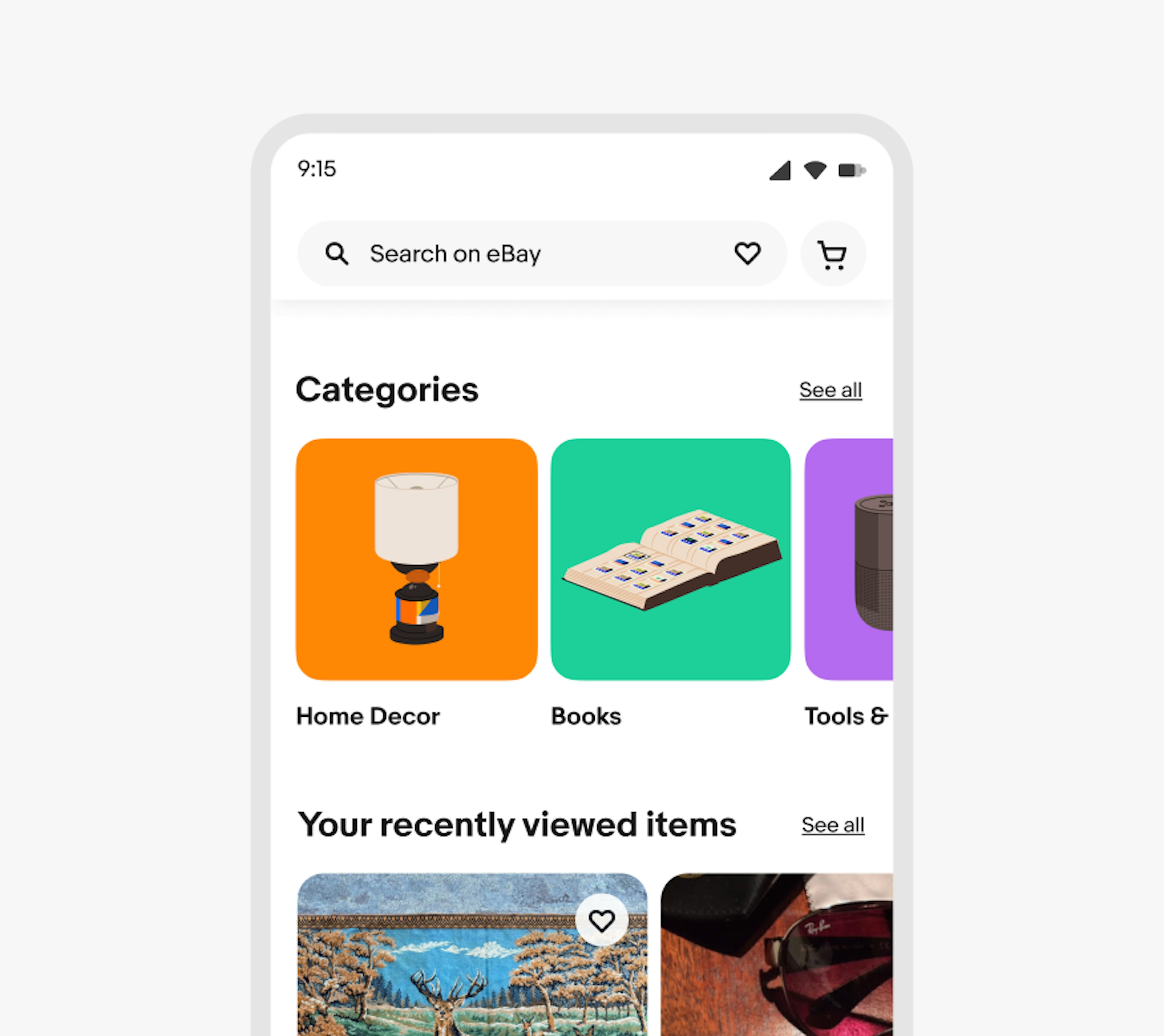 The ‘Categories’ section in the eBay app with three categories: Home Decor with an illustrated orange lamp on an orange background, Books with a illustrated book of stamps on a green background, and Tools with an illustrated speaker on a purple background.