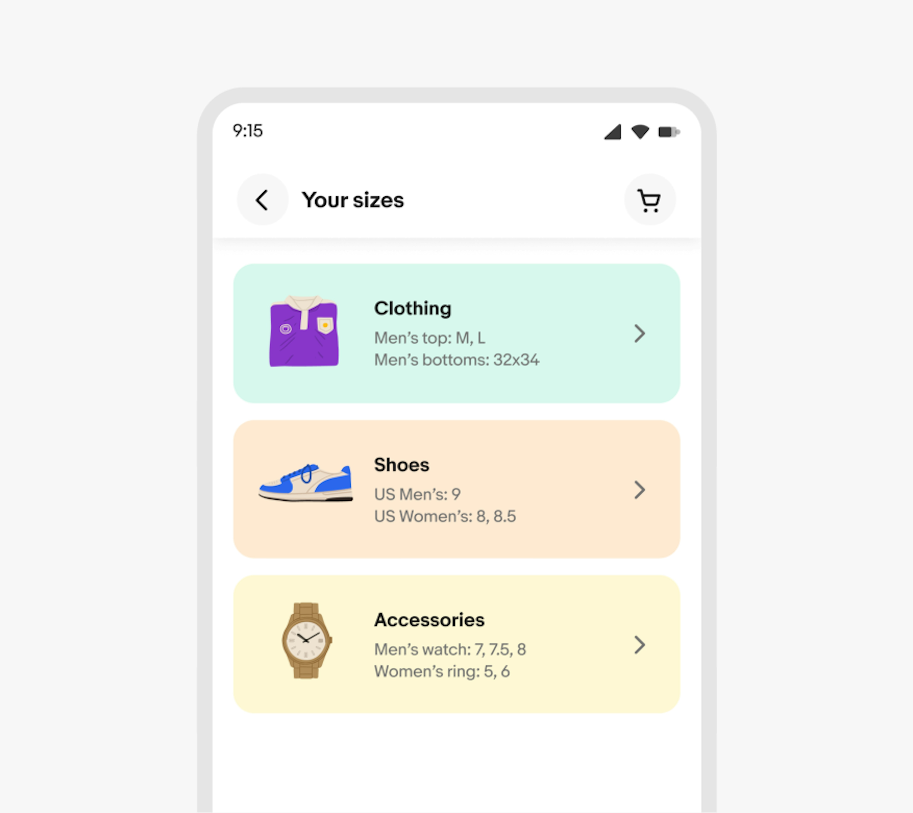 The ‘Your sizes’ section in the eBay app with three colored sections: The Clothing section showcases a folded purple shirt and black text on a light green background, the Shoes section showcases a blue and white sneaker and black text on a light orange background, and the Accessories shows a brown watch and black text on a light yellow background.