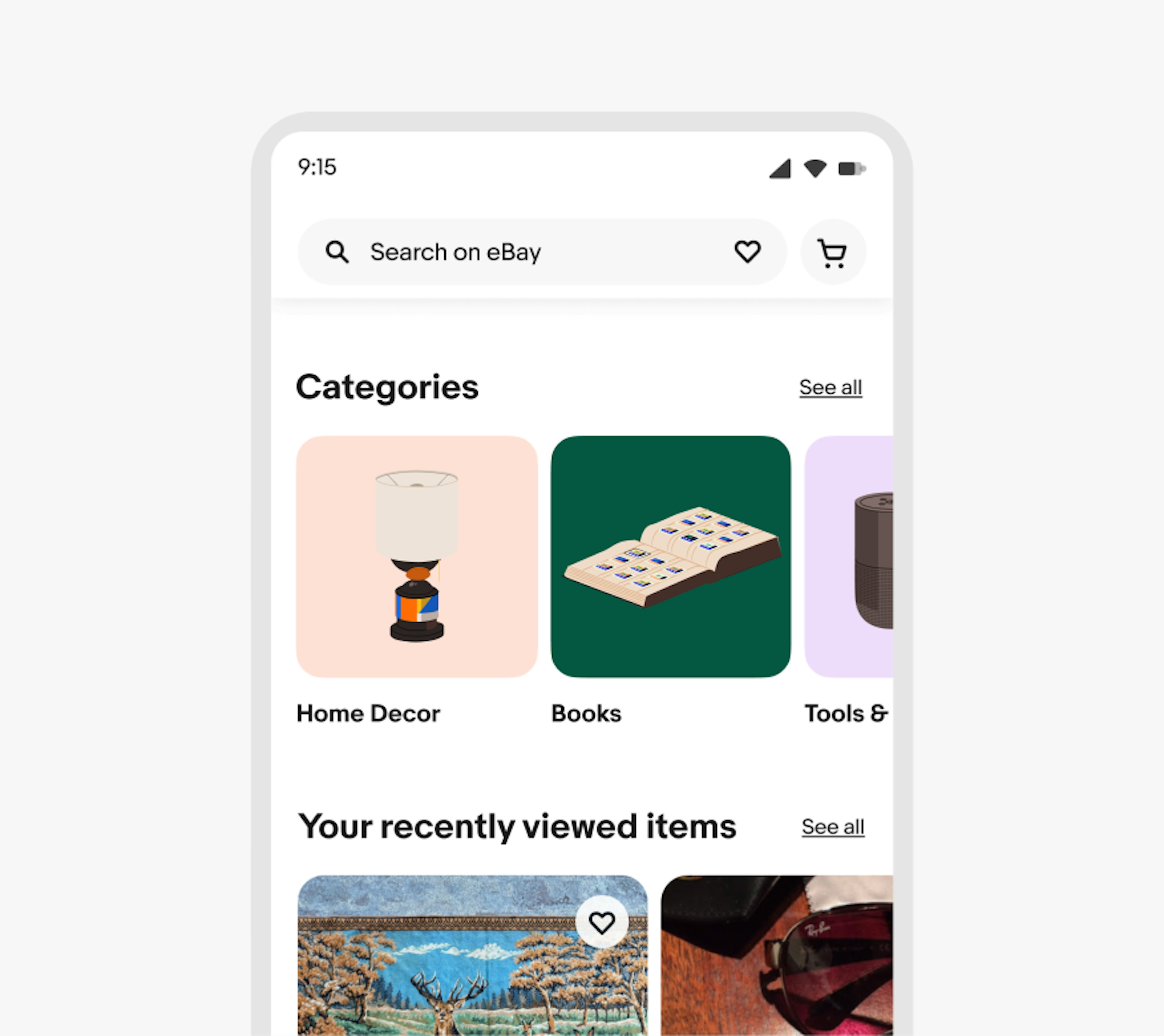 The ‘Categories’ section in the eBay app with three categories: Home Decor with an illustrated orange lamp on a light orange background, Books with a illustrated book of stamps on a dark green background, and Tools with an illustrated speaker on a light purple background.