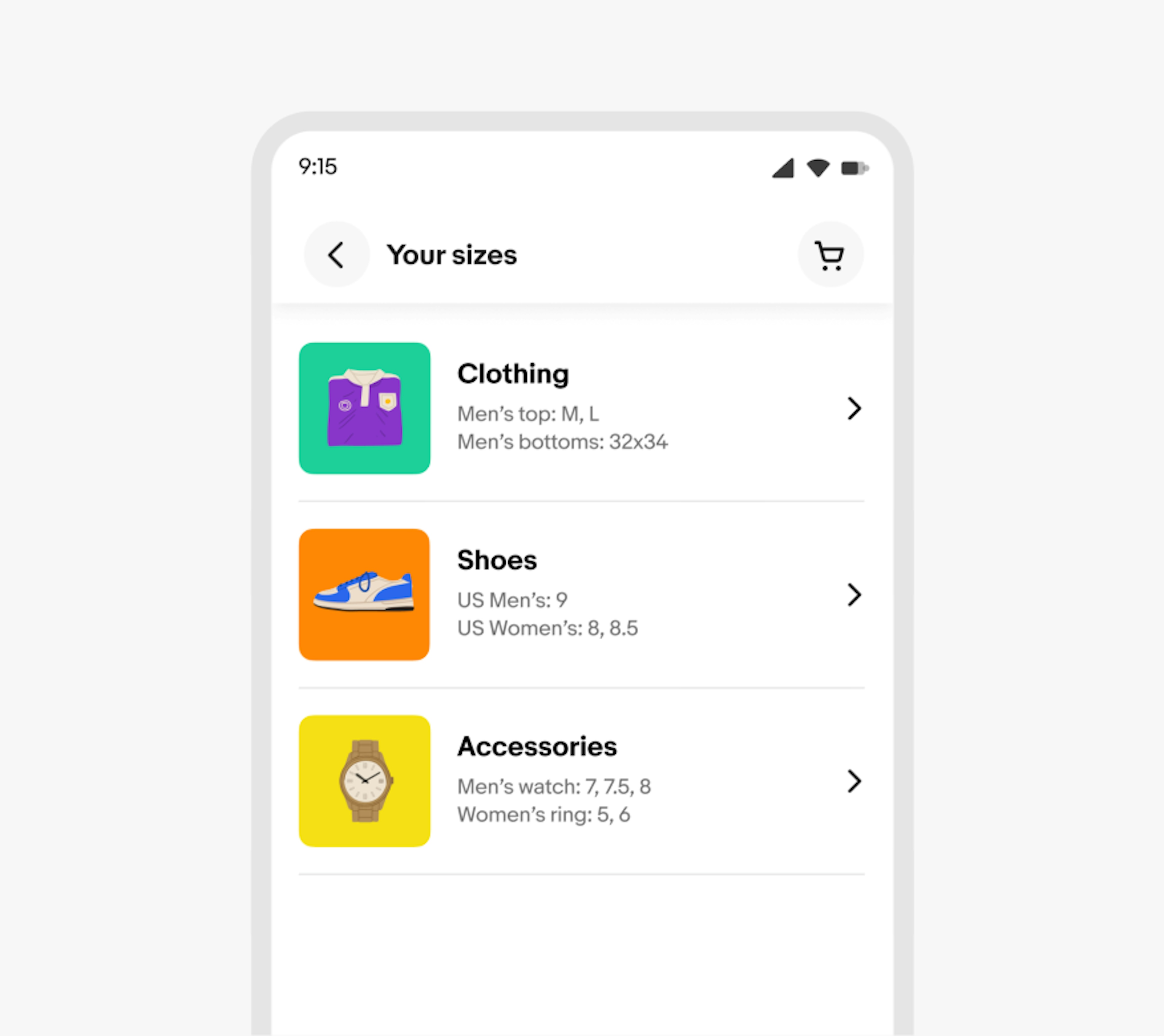 The ‘Your sizes’ section in the eBay app with three sections accompanied with a square illustration on the left of each section: Clothing showcases a folded purple shirt on a green square background, Shoes showcases a blue and white sneaker on an orange square background, and Accessories shows a brown watch on a yellow background.