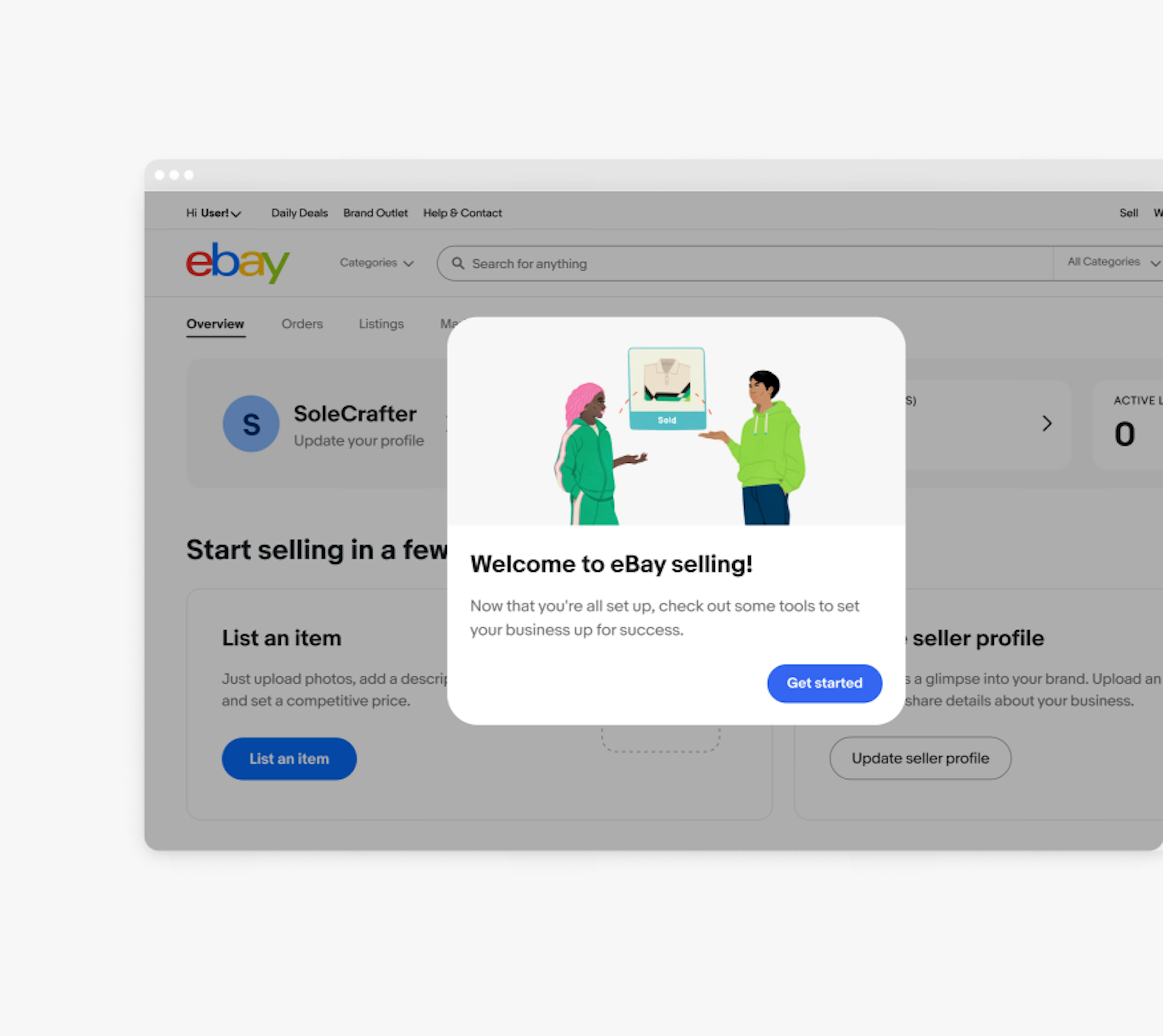 A modal on the eBay Selling page containing an illustration of two people facing each other in discussion is shown, with the two people gesturing to a blue Sold item tile of a white collard shirt with green and black stripes in between them.