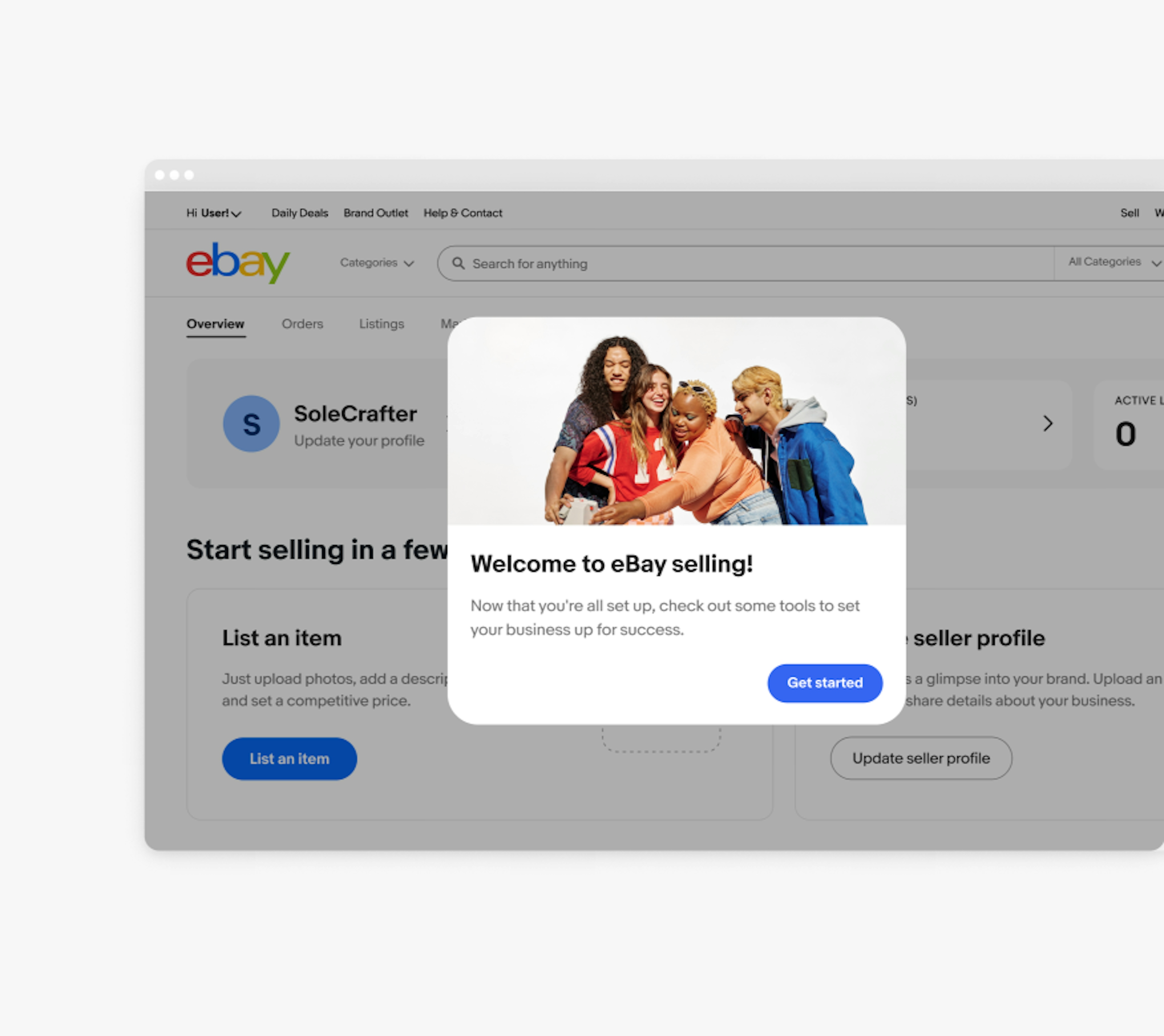 A modal on the eBay Selling page containing an image of four people in streetwear taking a selfie on a vintage instant camera against a white backdrop.