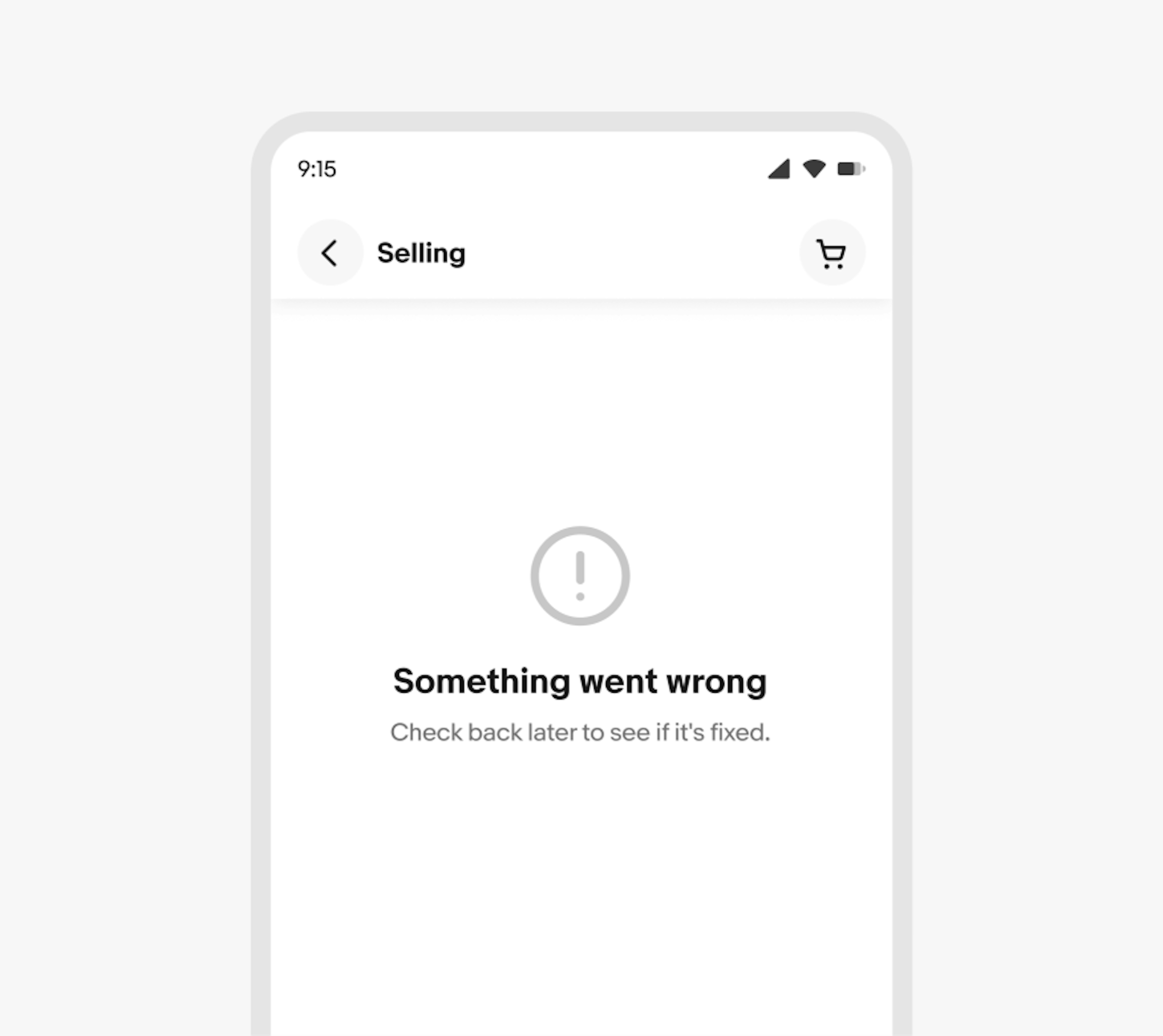 A system error in the Selling tab on the eBay mobile app. An attention icon is featured in grey. The error state sits on a white background with text in black that reads “Something went wrong”