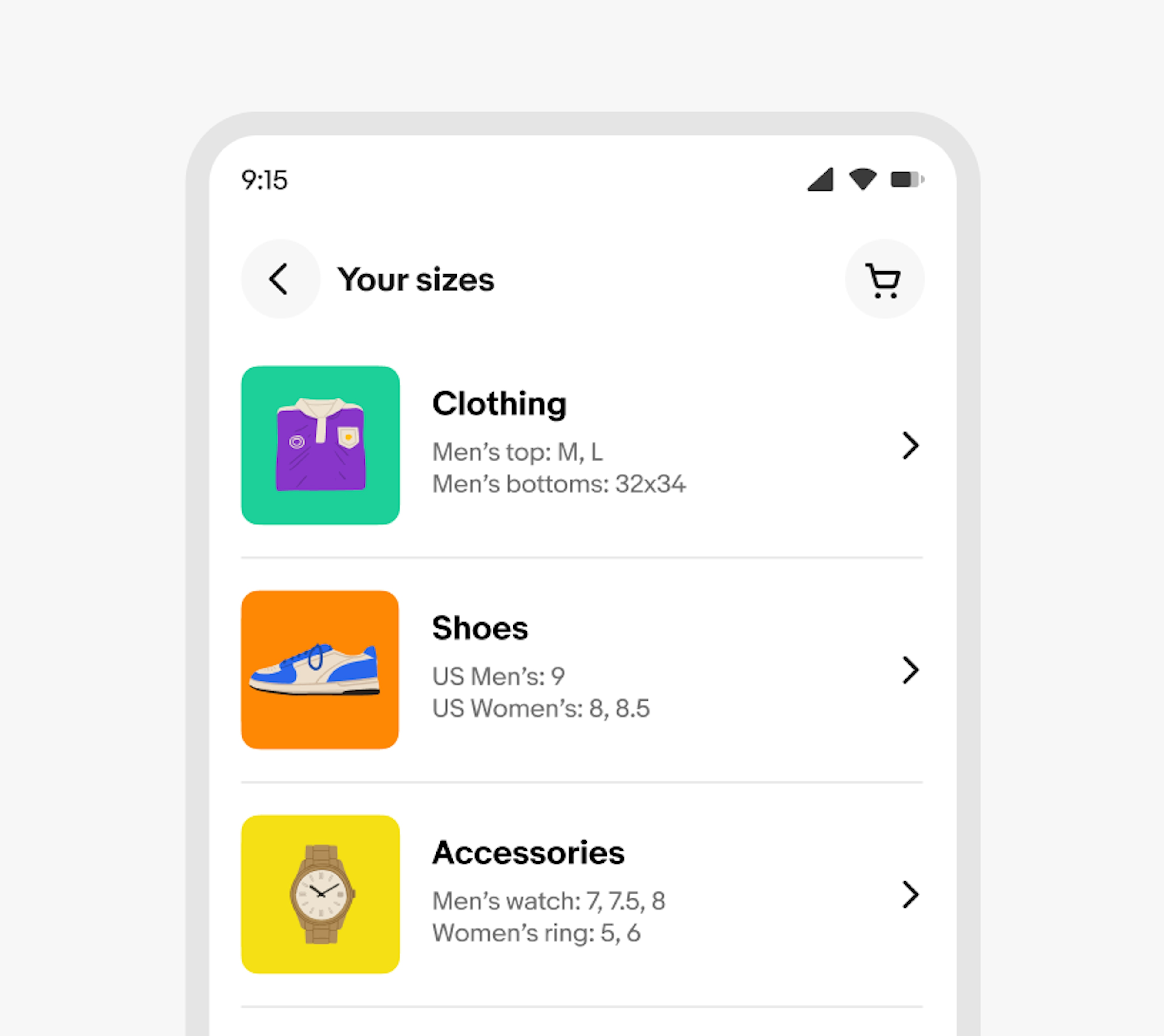 The ‘Your sizes’ section in the eBay app with three sections accompanied with a square illustration on the left of each section: Clothing showcases a folded purple shirt on a green square background, Shoes showcases a blue and white sneaker on an orange square background, and Accessories shows a brown watch on a yellow background.