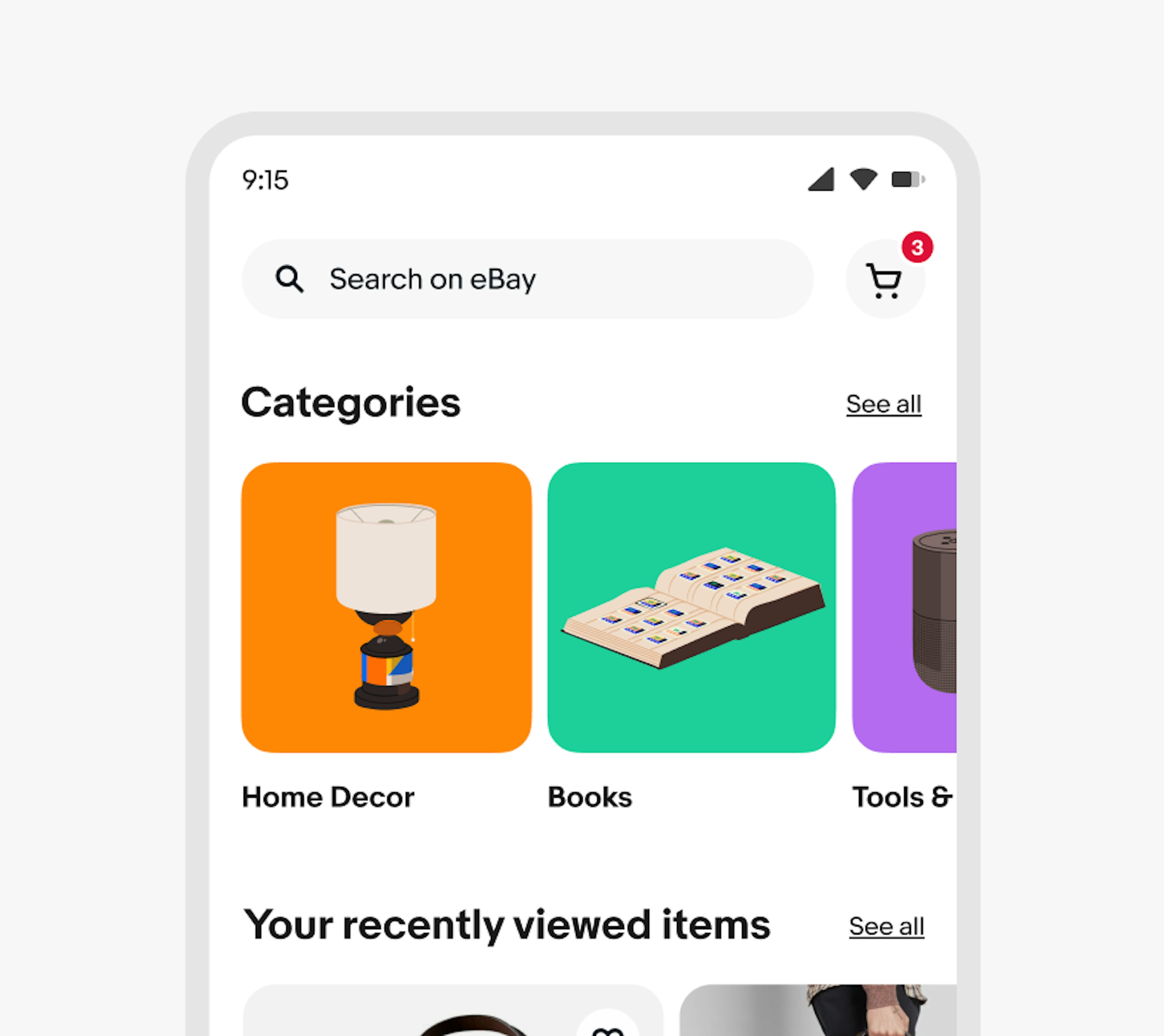 The ‘Categories’ section in the eBay app with three categories: Home Decor with an illustrated orange lamp on an orange background, Books with an illustrated book of stamps on a green background, and Tools with an illustrated speaker on a purple background.