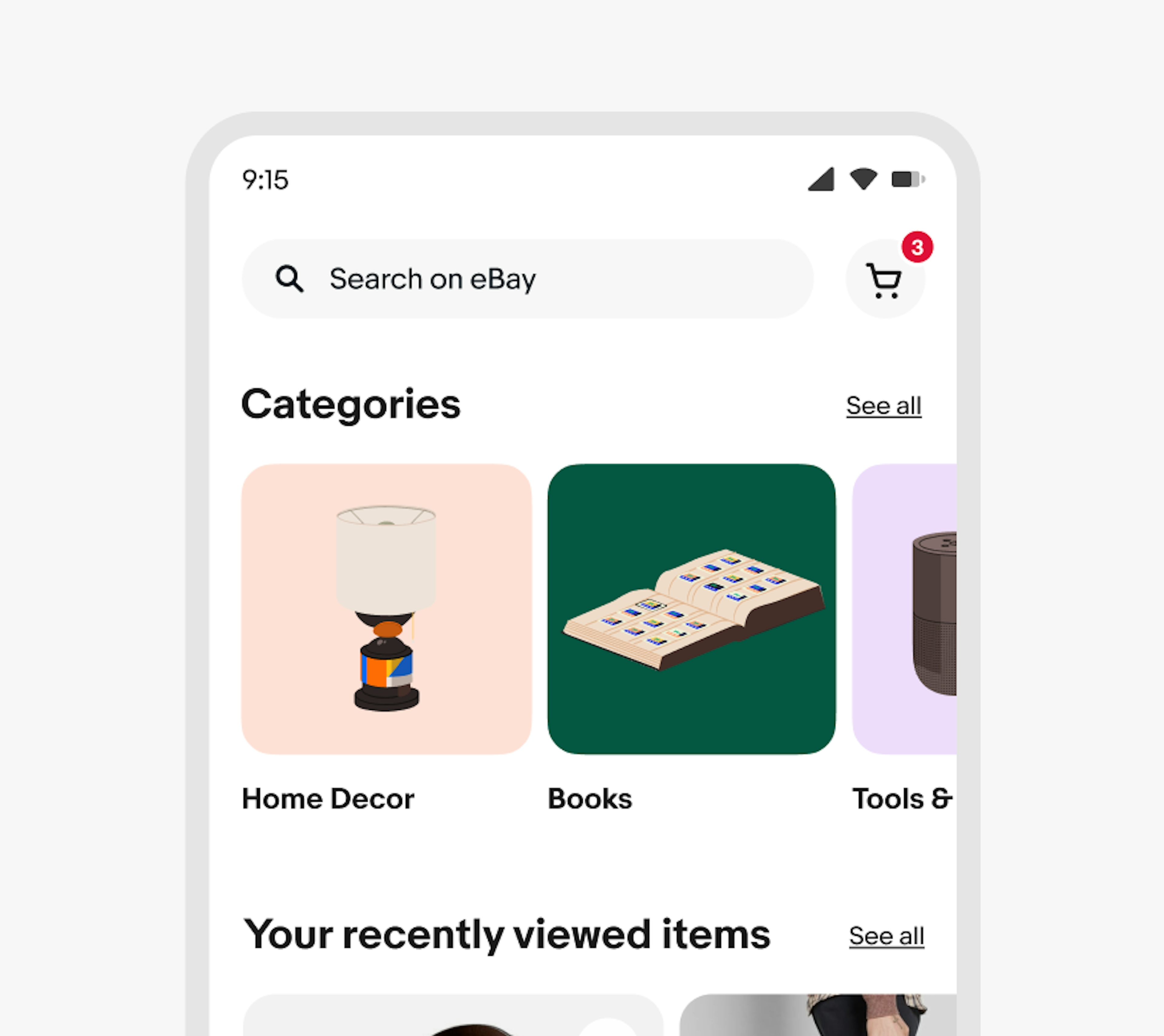 The ‘Categories’ section in the eBay app with three categories: Home Decor with an illustrated orange lamp on a light orange background, Books with an illustrated book of stamps on a dark green background, and Tools with an illustrated speaker on a light purple background.