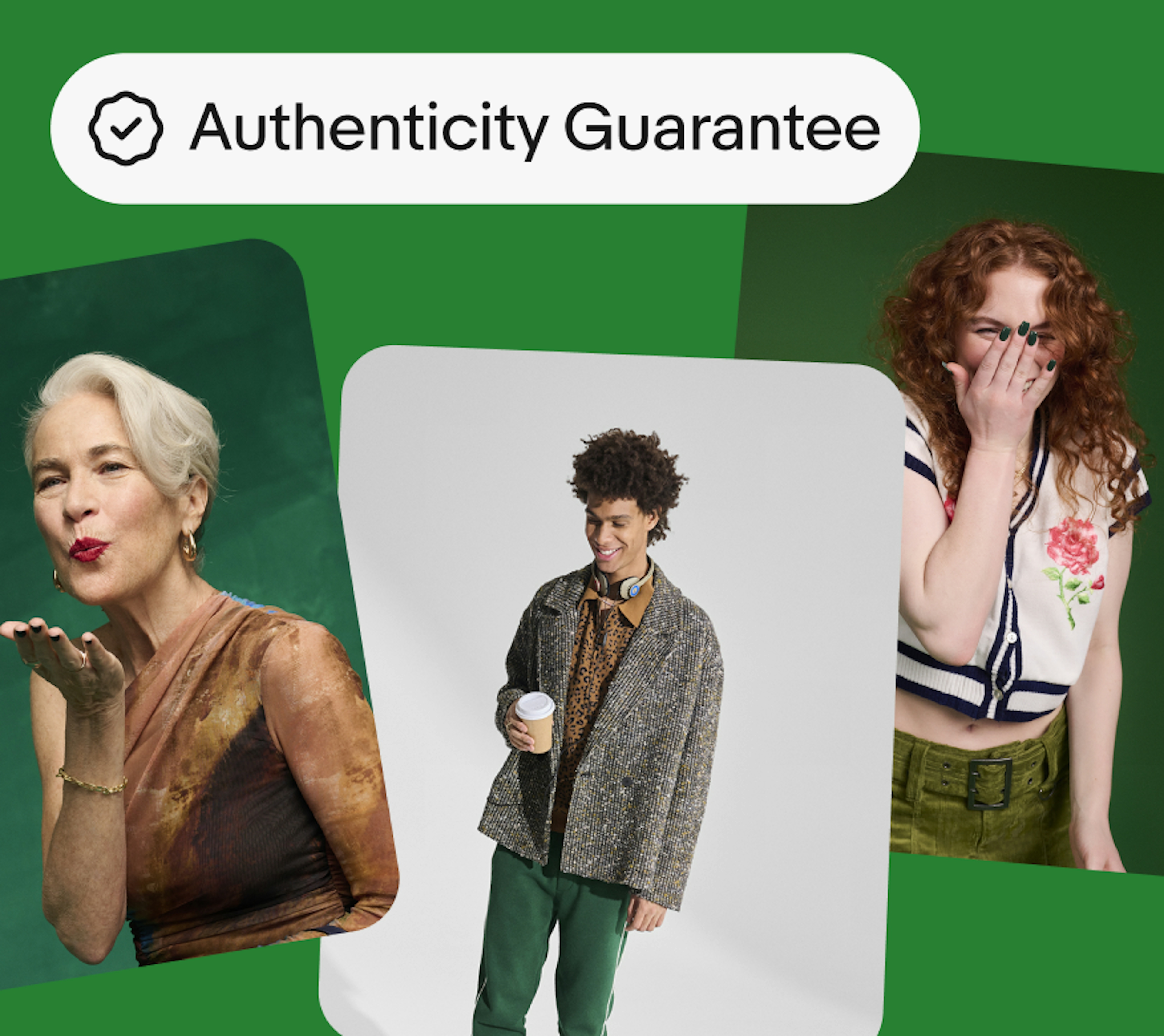 The Authenticity Guarantee badge and three green-toned images sits on a green background.