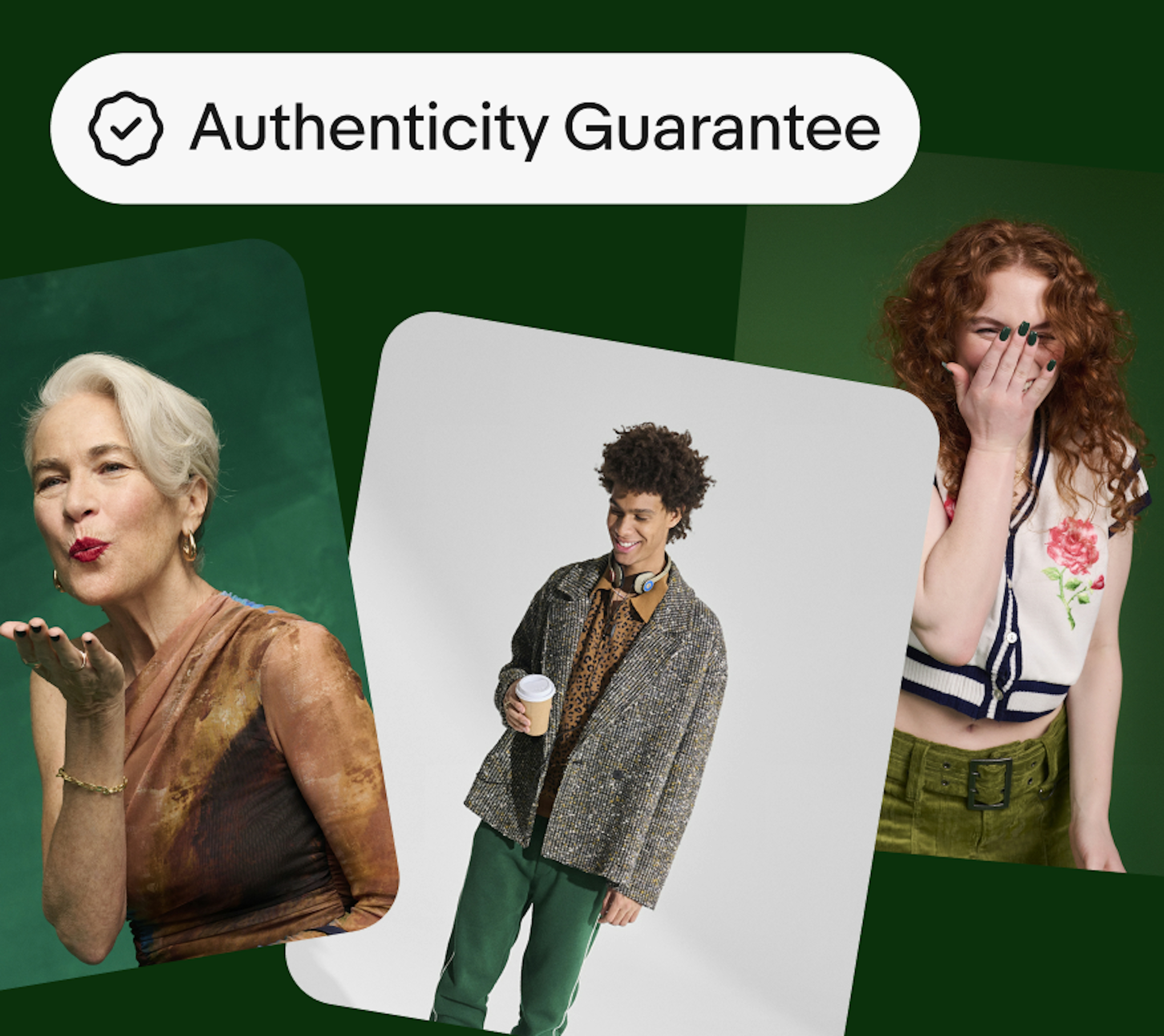 The Authenticity Guarantee badge and three green-toned images sits on a dark green background.