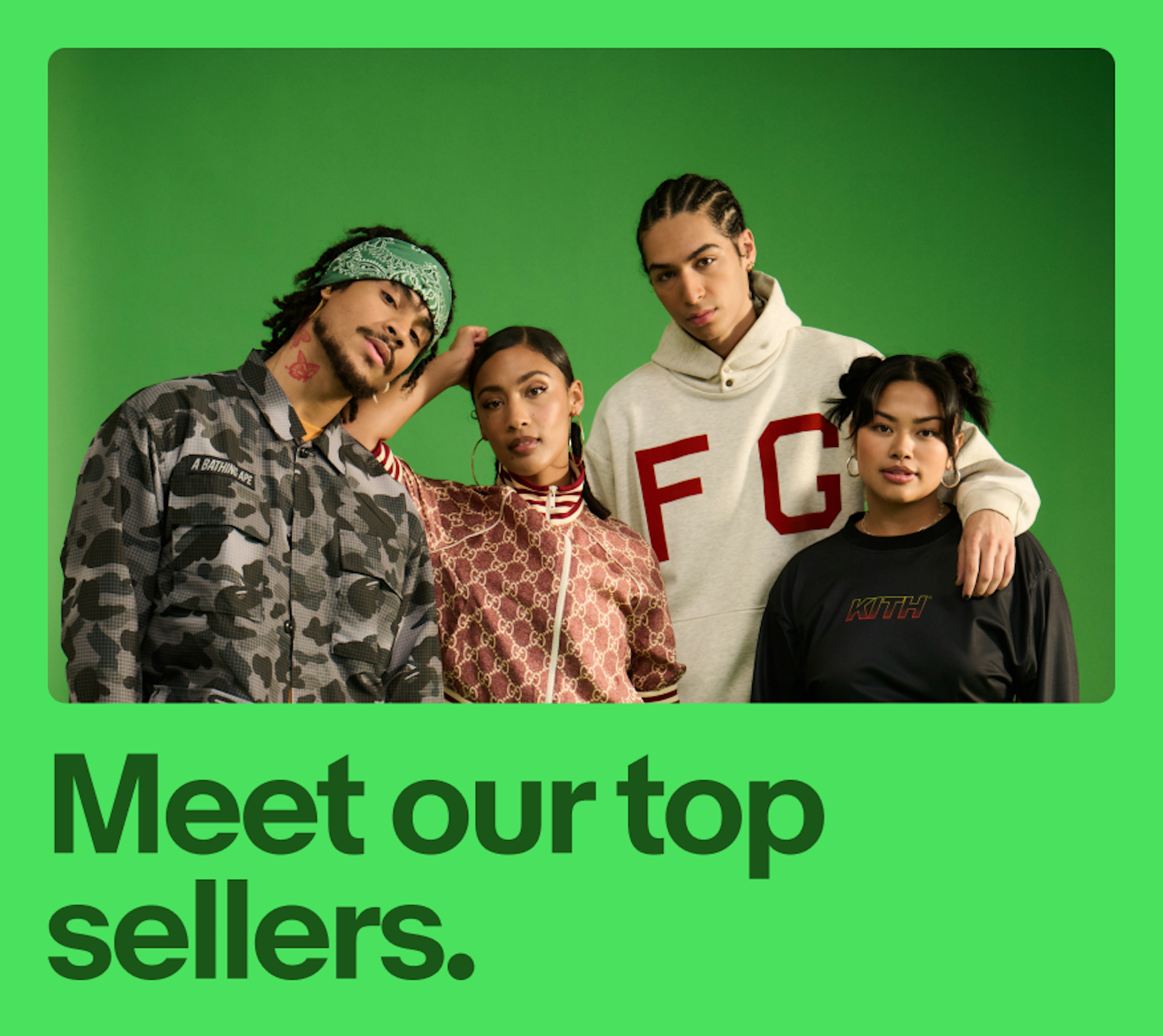 A green-toned image of a group of people in streetwear and dark green text sits on a green background.